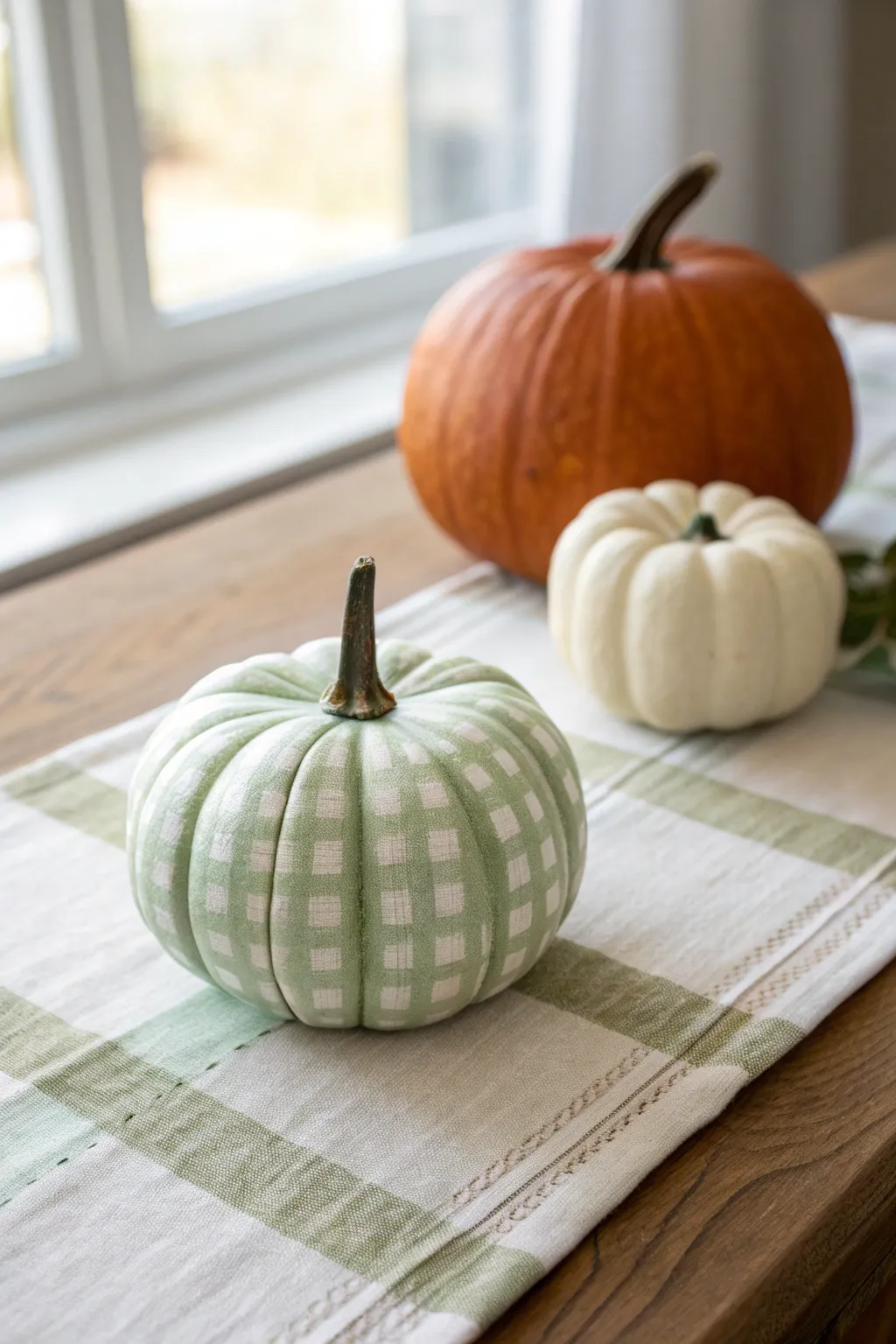 Sage gingham pumpkin centerpiece that brings cozy farmhouse charm to Thanksgiving tables.