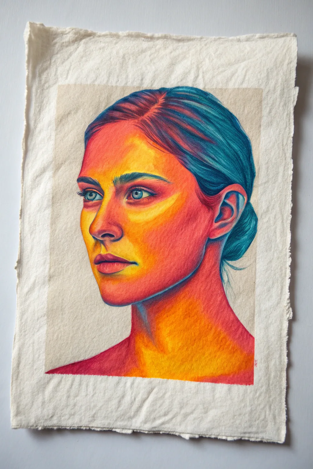 Thermal face portrait: warm heat zones on cheeks and brow, cool edges for bold contrast.