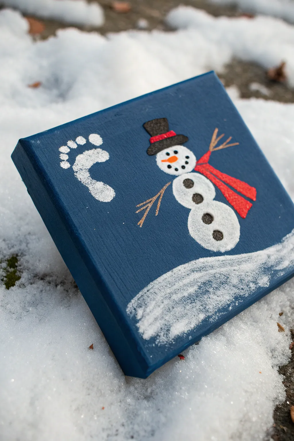 Upside-down footprint snowman canvas in bold blue with red scarf, buttons, and snowy splatter