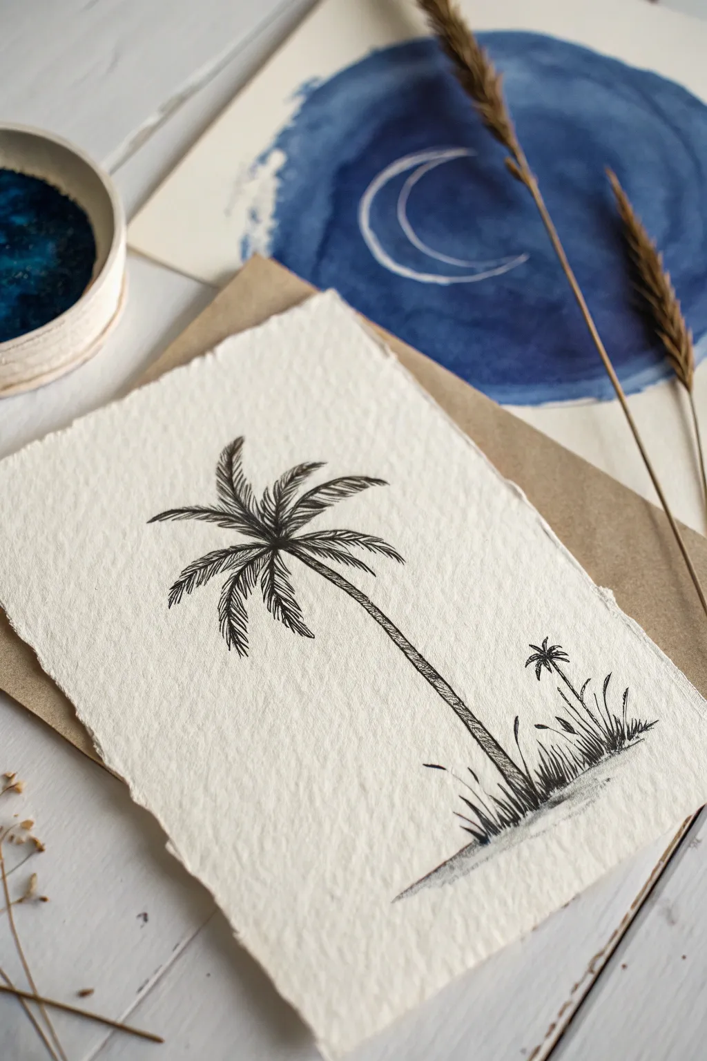 Confident palm sketch with curved fronds and a subtle lean, minimalist boho contrast.