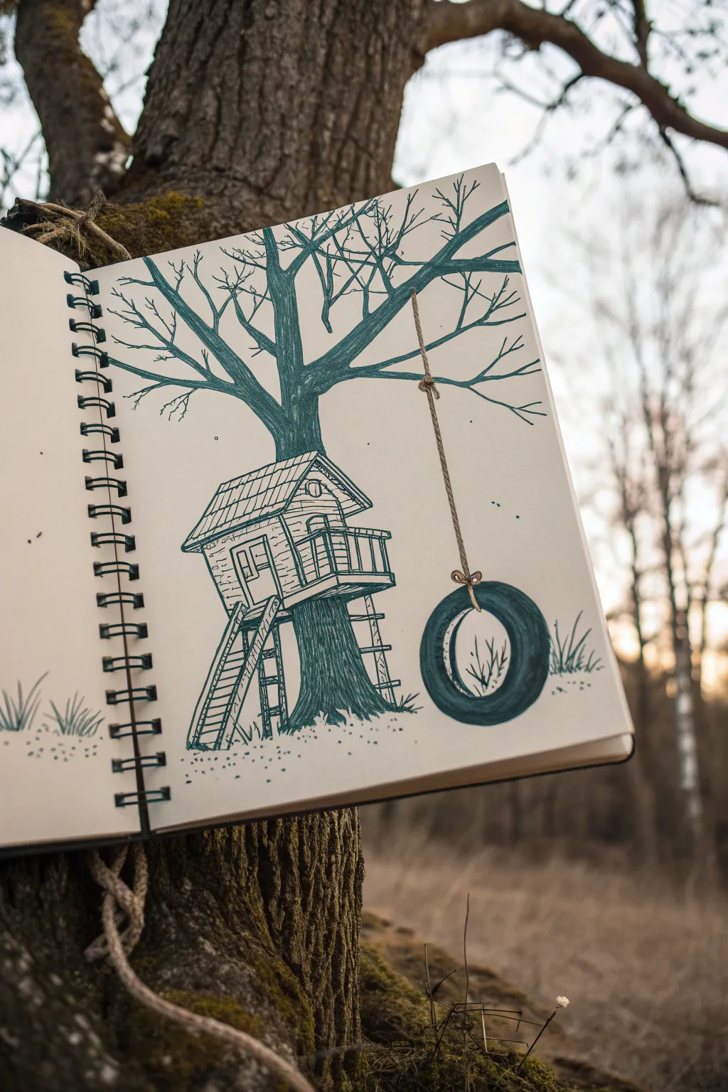 Tree house drawing idea with a classic tire swing, simple lines, bold colors, and cozy boho charm