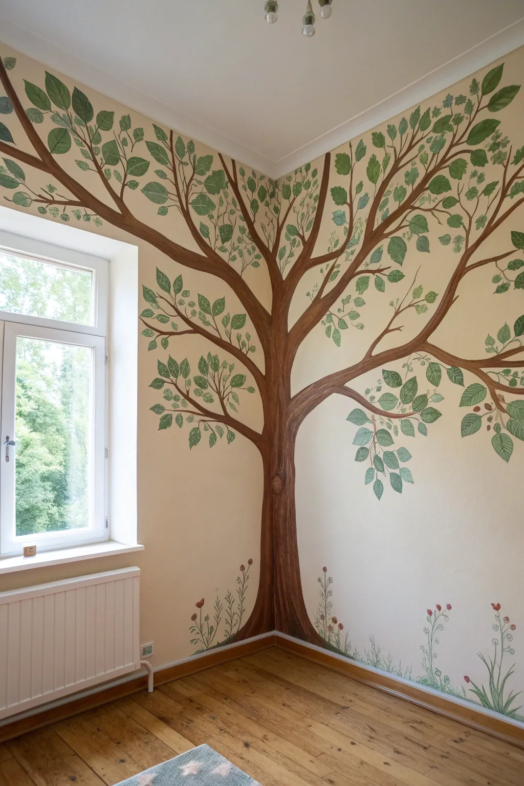 Ceiling-reaching tree mural canopy with airy scattered leaves for a cozy shaded vibe
