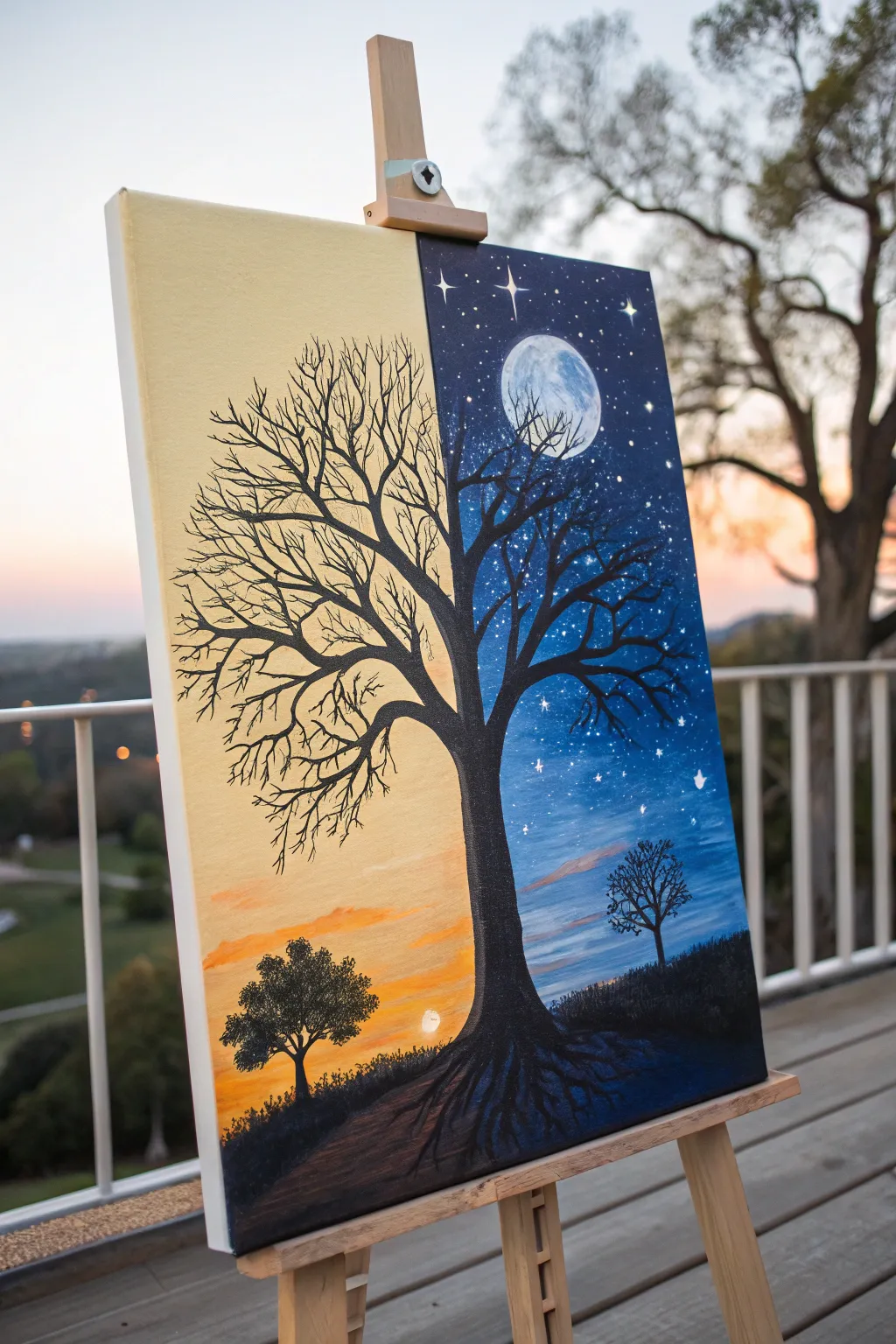 Day and night Tree of Life painting with bold contrast, minimalist calm, and boho warmth
