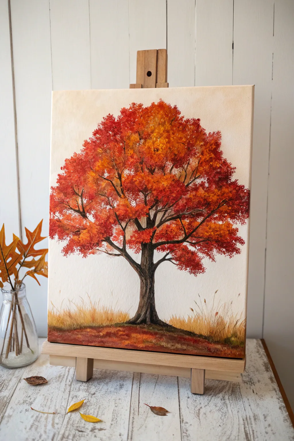Bold autumn maple tree painting: warm reds, oranges, and gold on a calm neutral sky