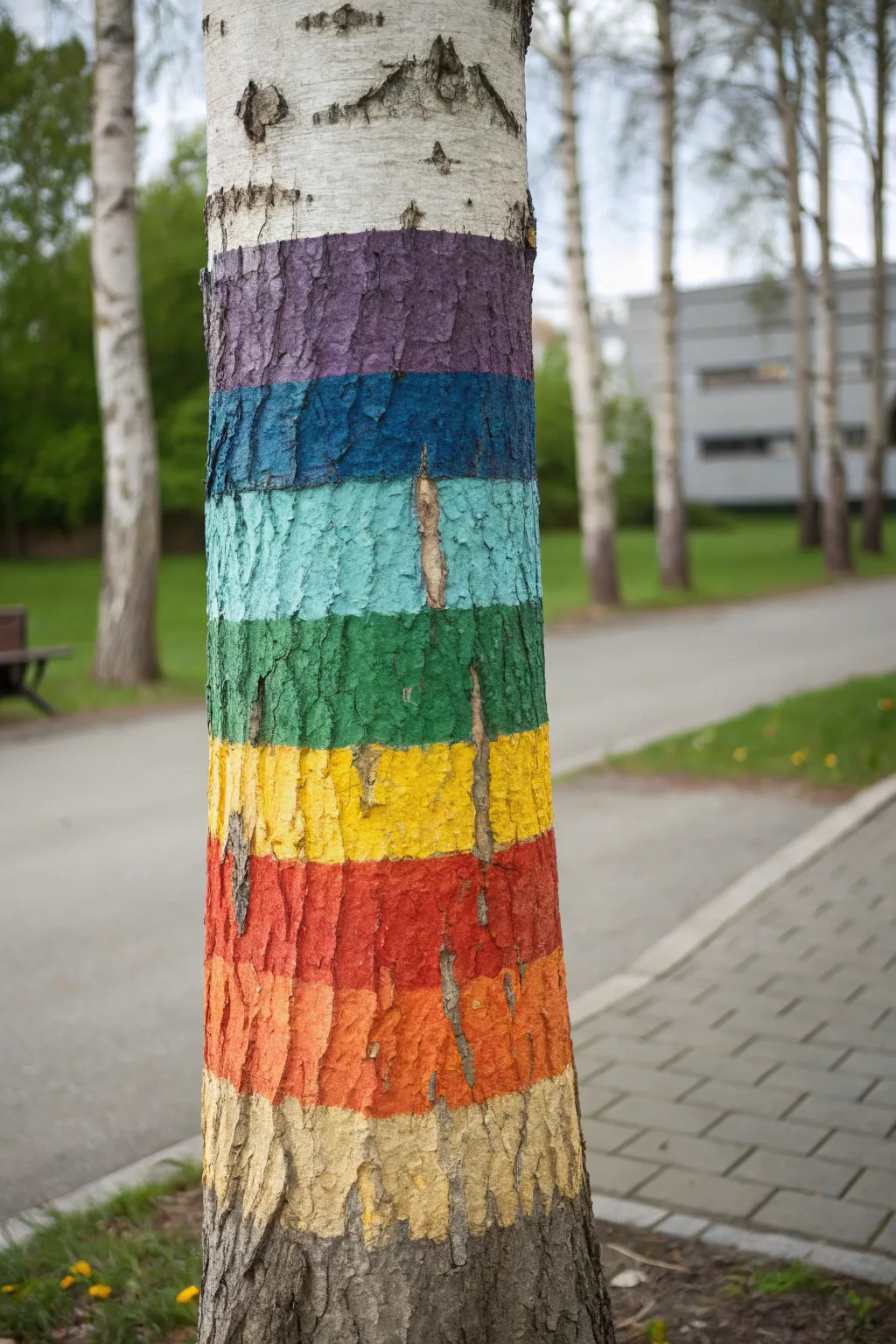 Rainbow wrap stripes hugging a tree trunk, modern boho color pop for your yard art.