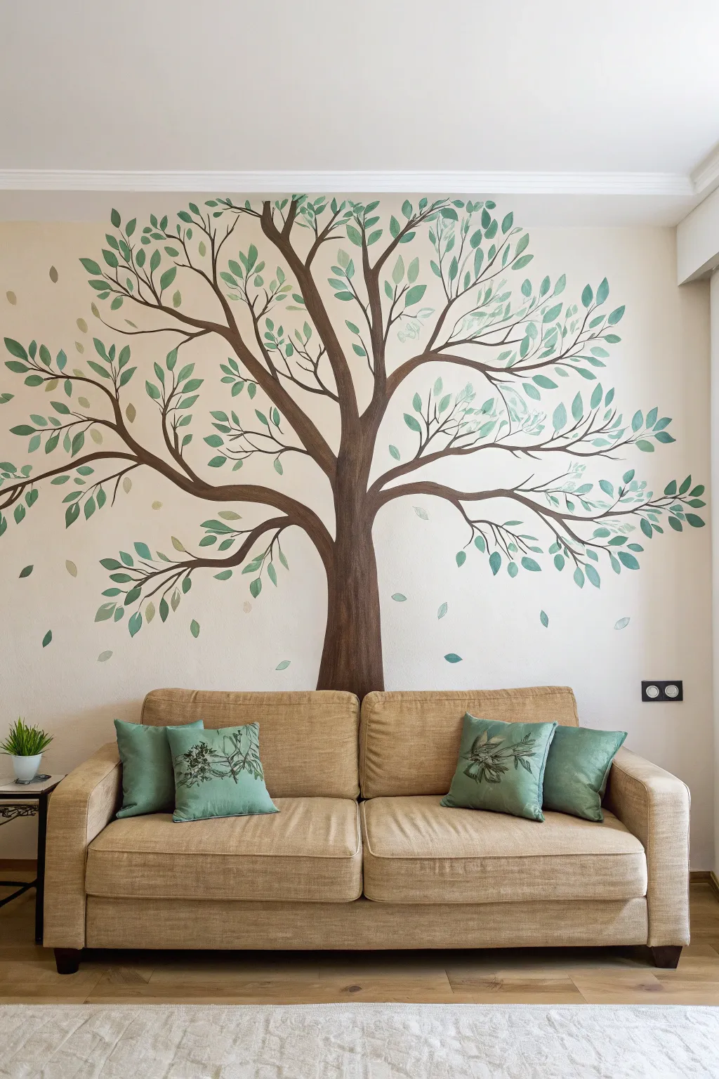 Tree mural behind the sofa: bold branches, subtle leaf clusters, minimalist boho contrast