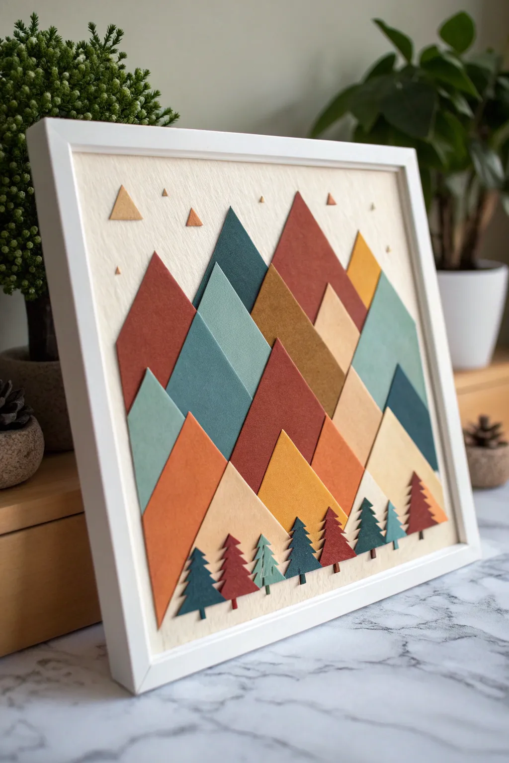 Minimalist triangle mountain landscape collage in bold boho colors, crisp and calming.