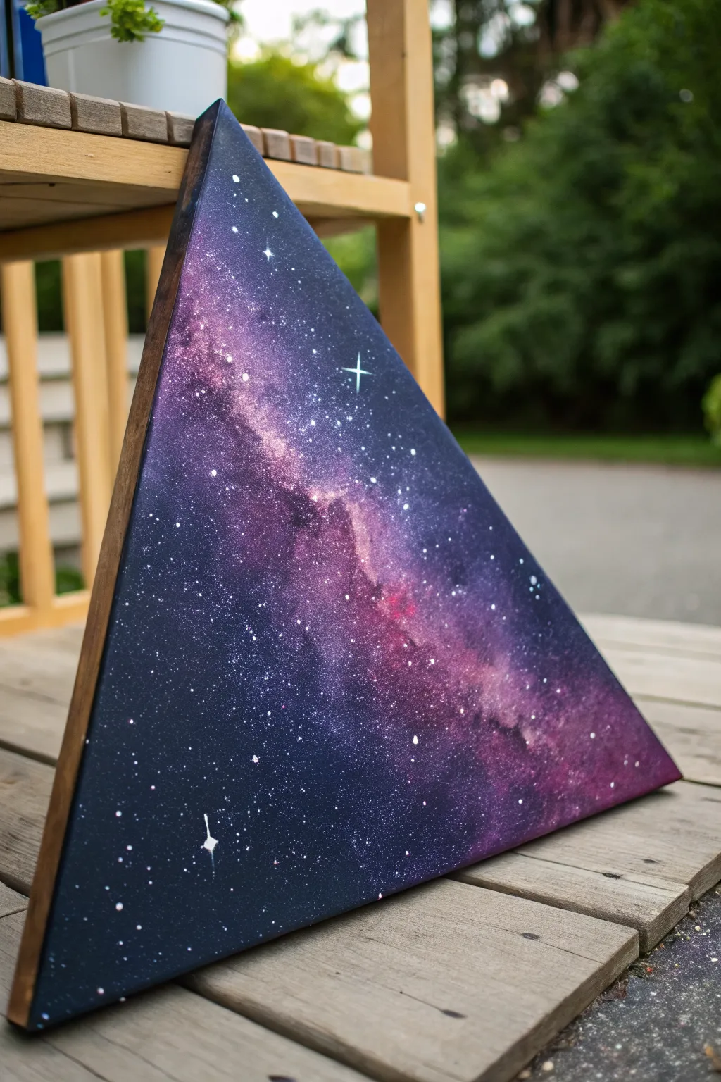 Triangular galaxy canvas with an upward nebula swirl and star-speckled indigo to violet fade.