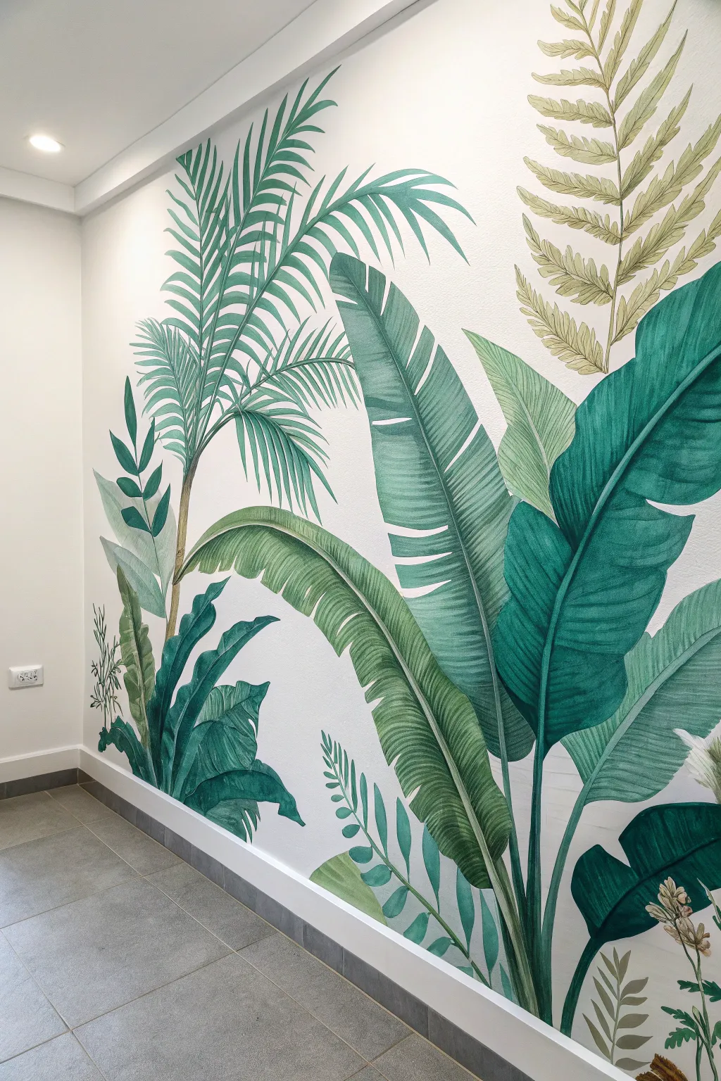 Watercolor banana leaves and fern fronds fade into white for a calm tropical mural moment.