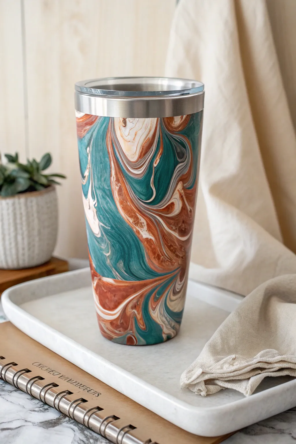 Bold marbled pour-paint swirls on a tumbler, shown upside down for that satisfying drip effect
