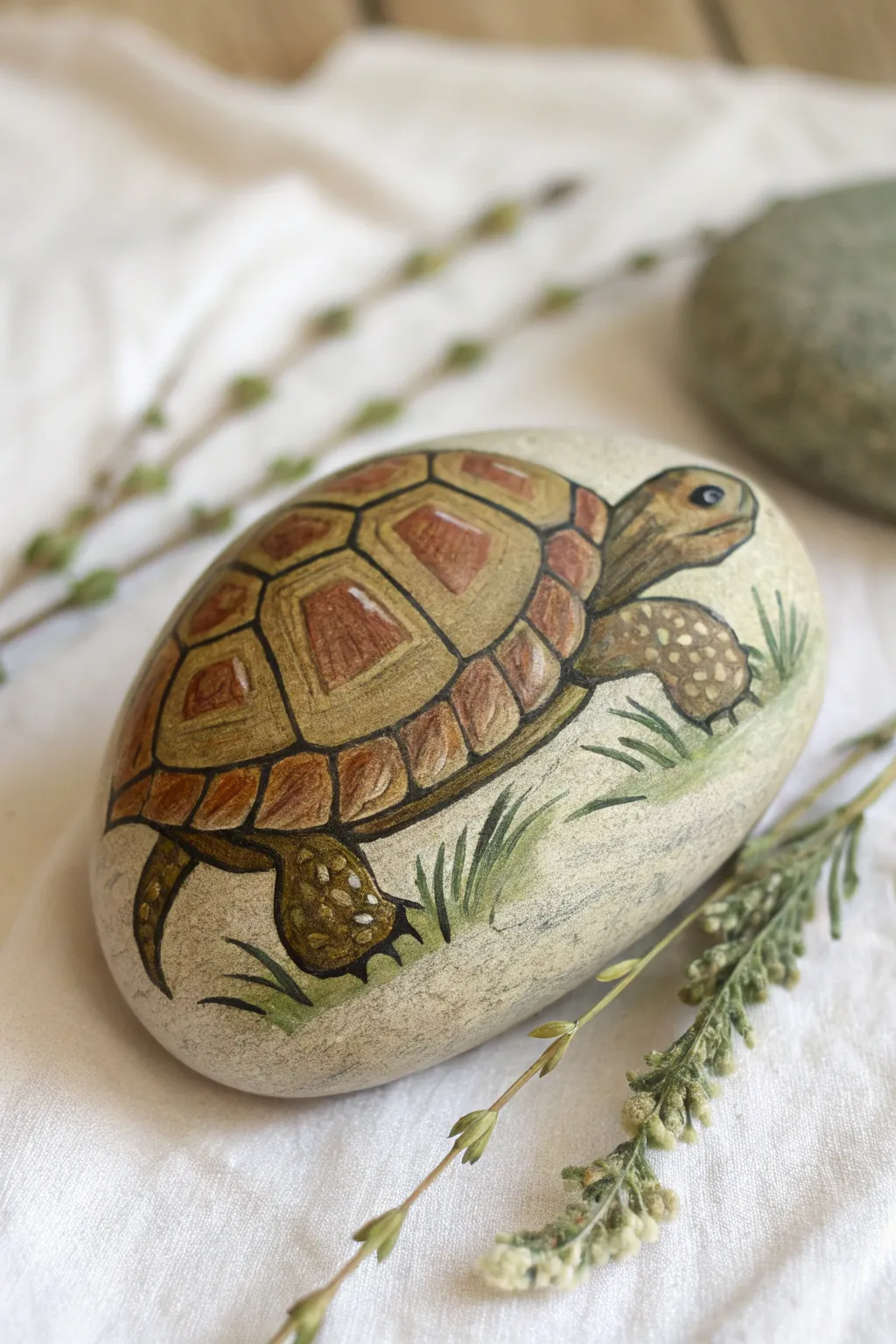 Chunky-legged tortoise rock painting in warm olive browns, grounded and beautifully crafted.