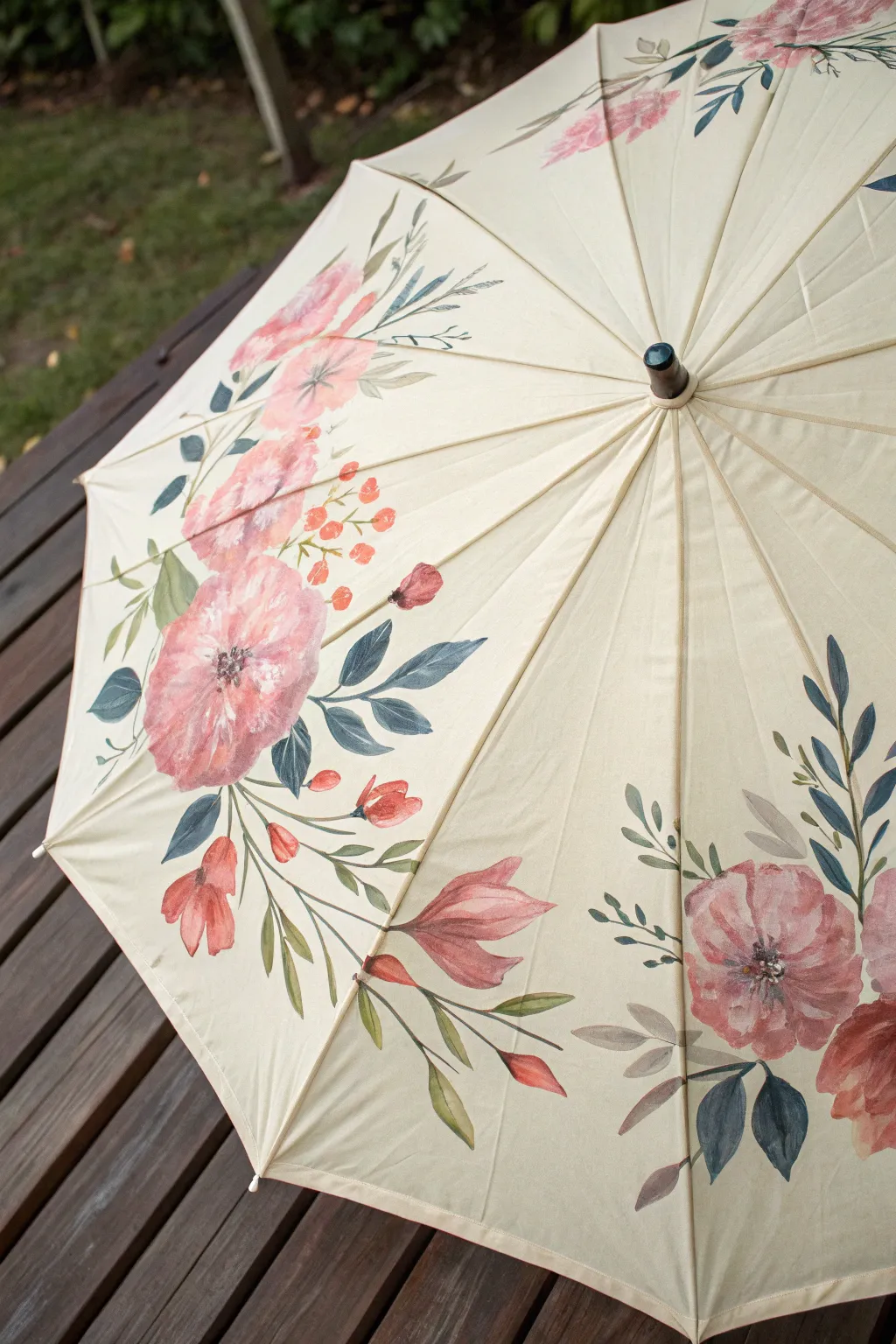 Dreamy loose watercolor florals blooming across a light umbrella for a soft, handcrafted look