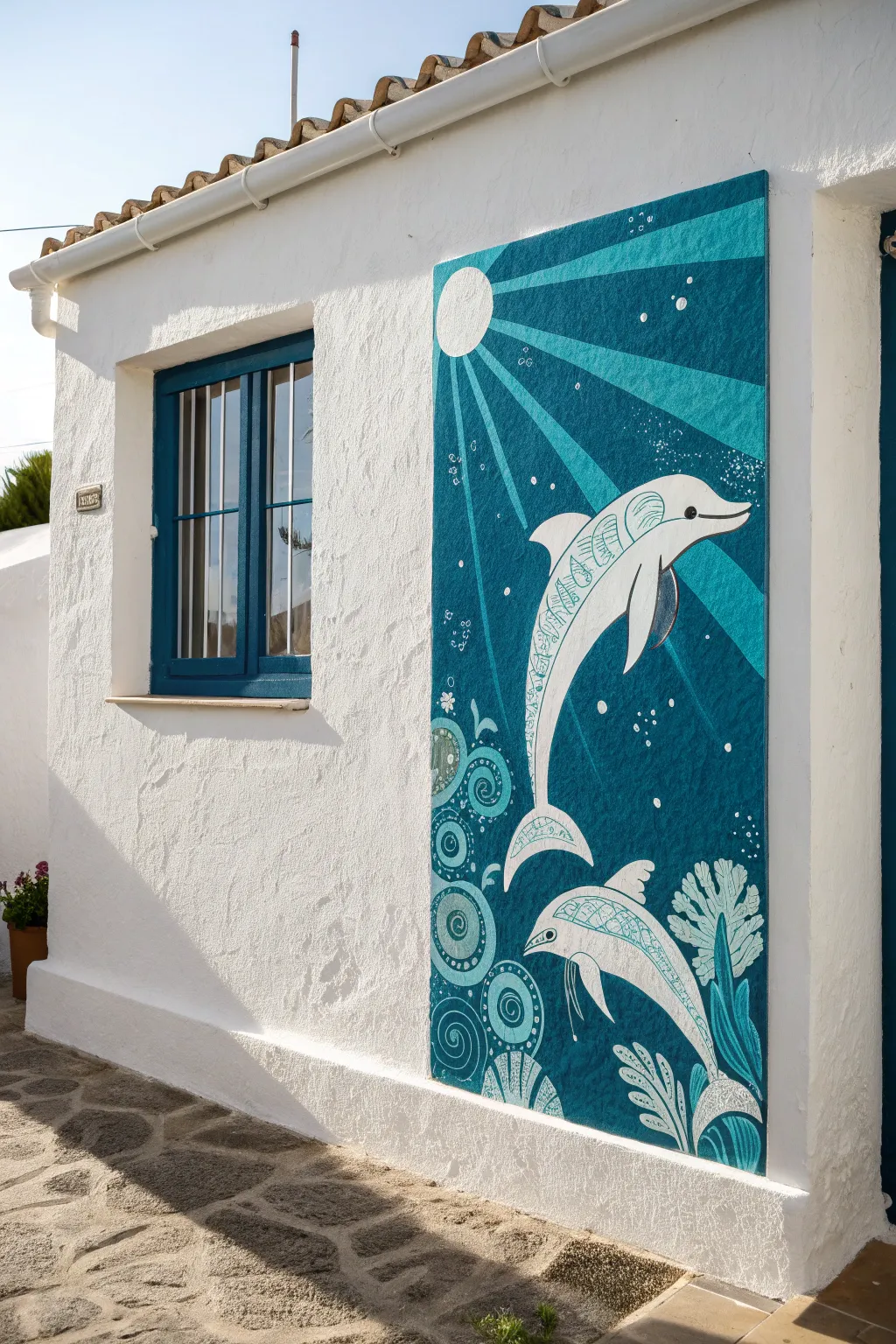 Bold dolphin pod mural in crisp blues with minimalist boho charm and shimmering light rays