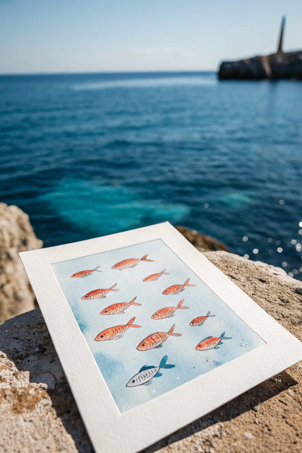 Easy underwater painting: simple fish silhouettes in a school on bold ocean-blue wash