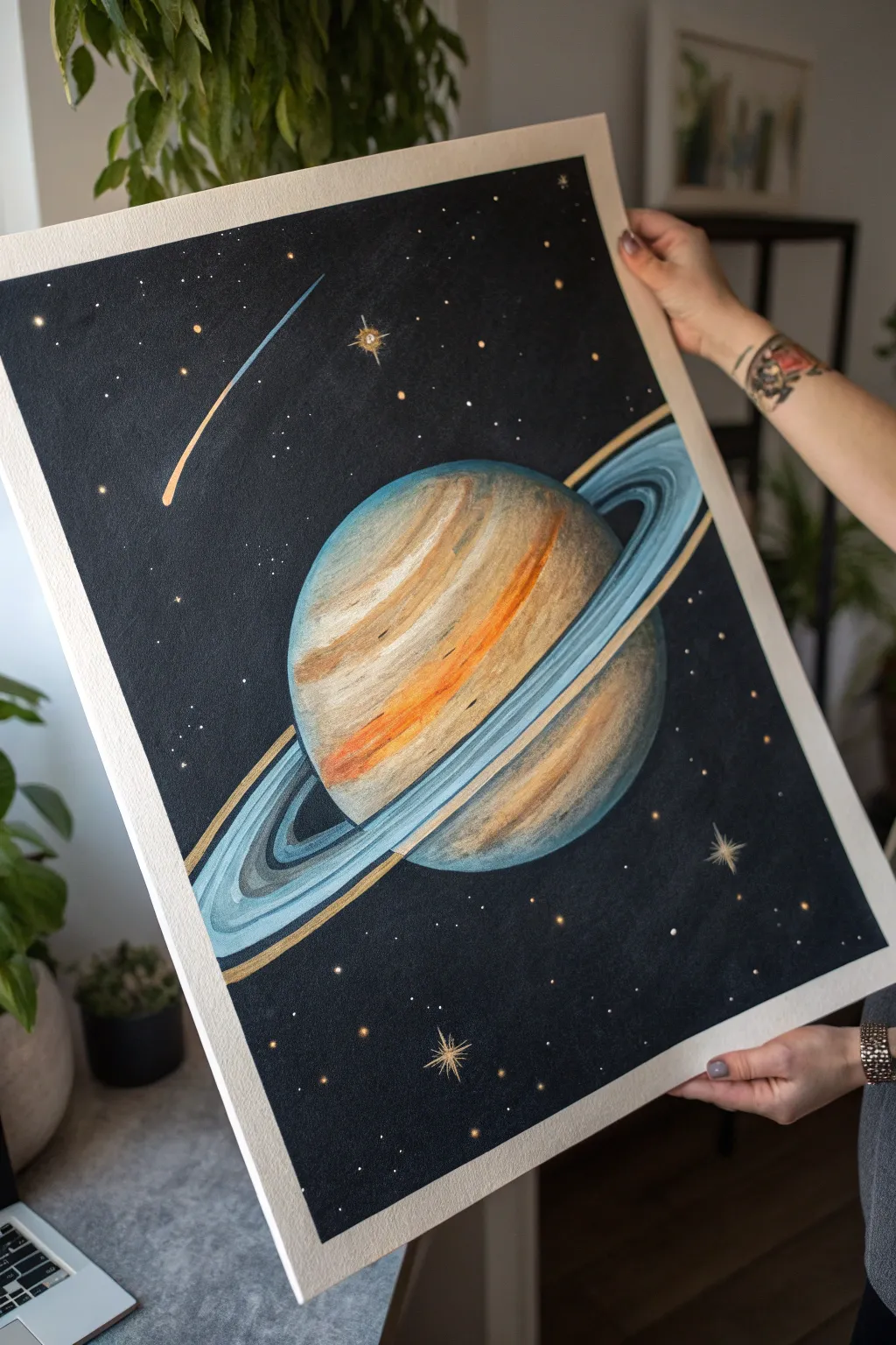 Ringed planet painting idea: crisp rings, dramatic side light, and bold glow against dark space