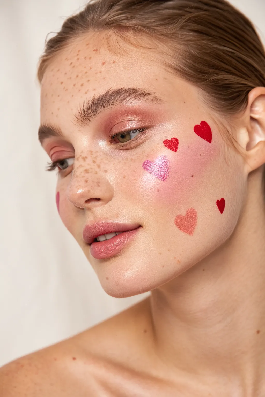 Rosy blush and tiny heart freckles for a sweet Valentine face paint look, minimal and chic.