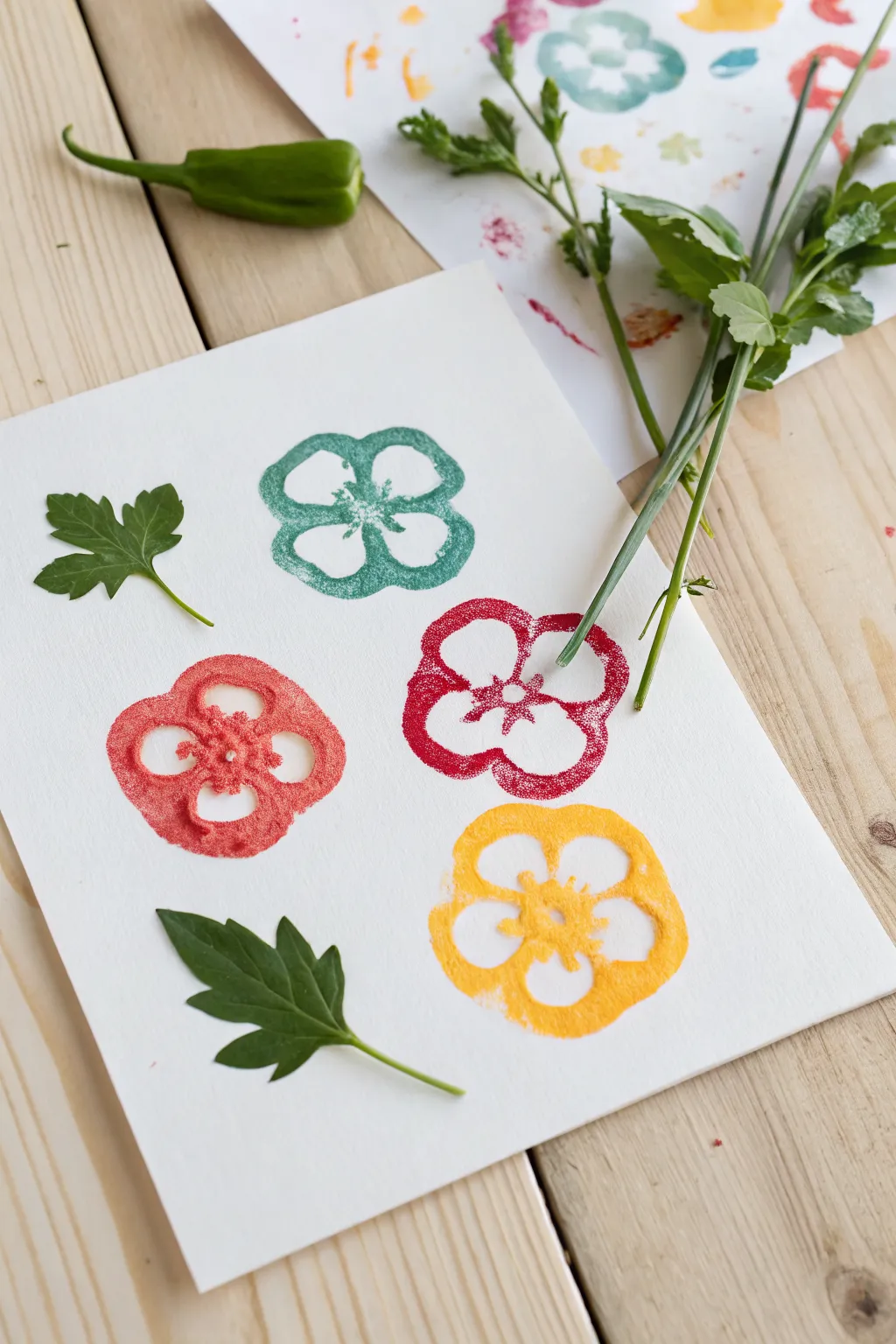Bell pepper ring stamps turn into bold, simple blooms on a clean minimalist floral painting page