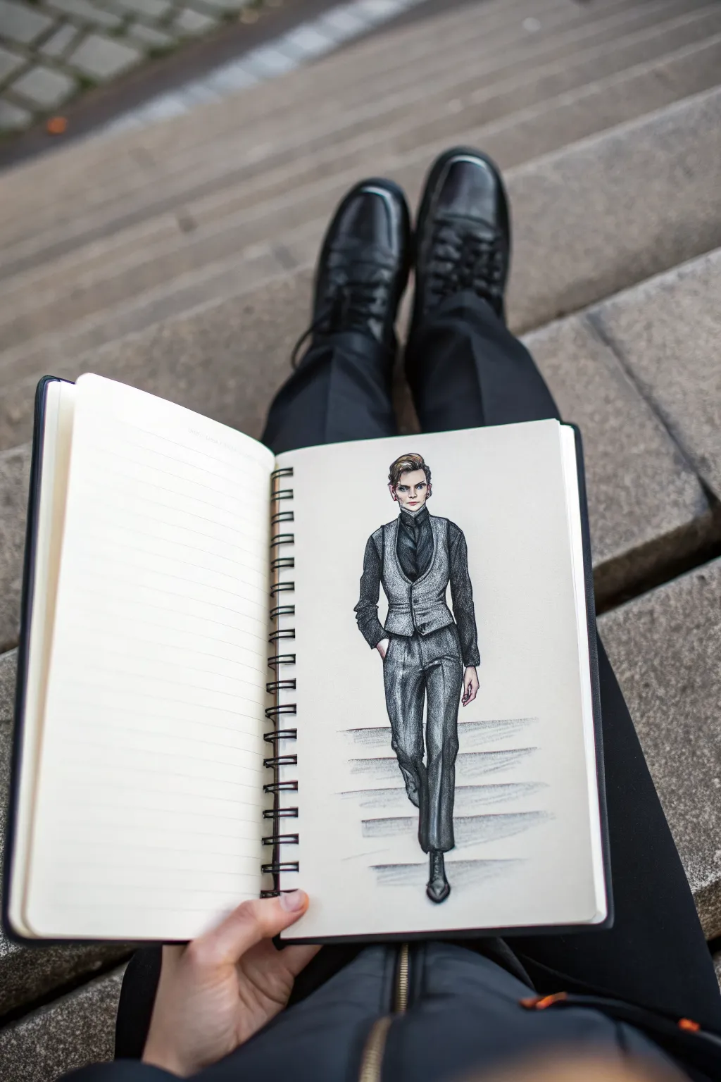 Villain fashion sketch: crisp formalwear meets one-sided tyrant armor in bold minimal boho style