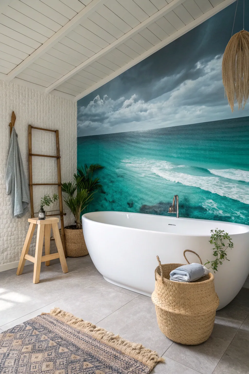 Transform your bath into a private spa with this bold turquoise ocean mural. 🌊✨