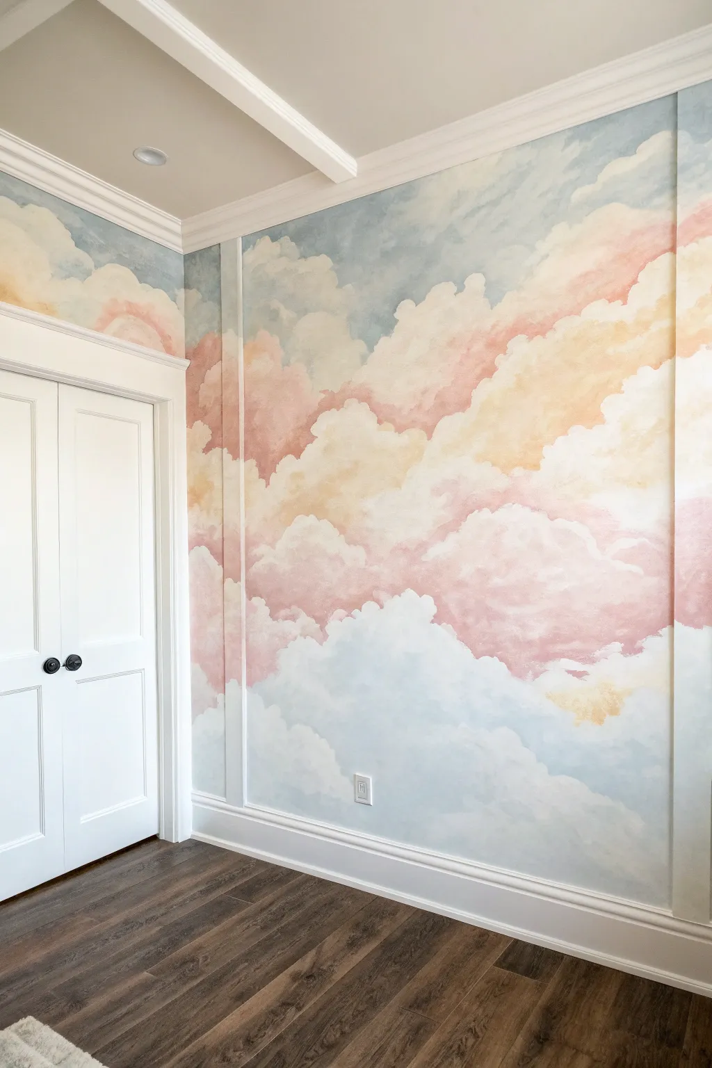 Soft blush and sky watercolor cloud mural for a calming, minimalist nursery reading nook