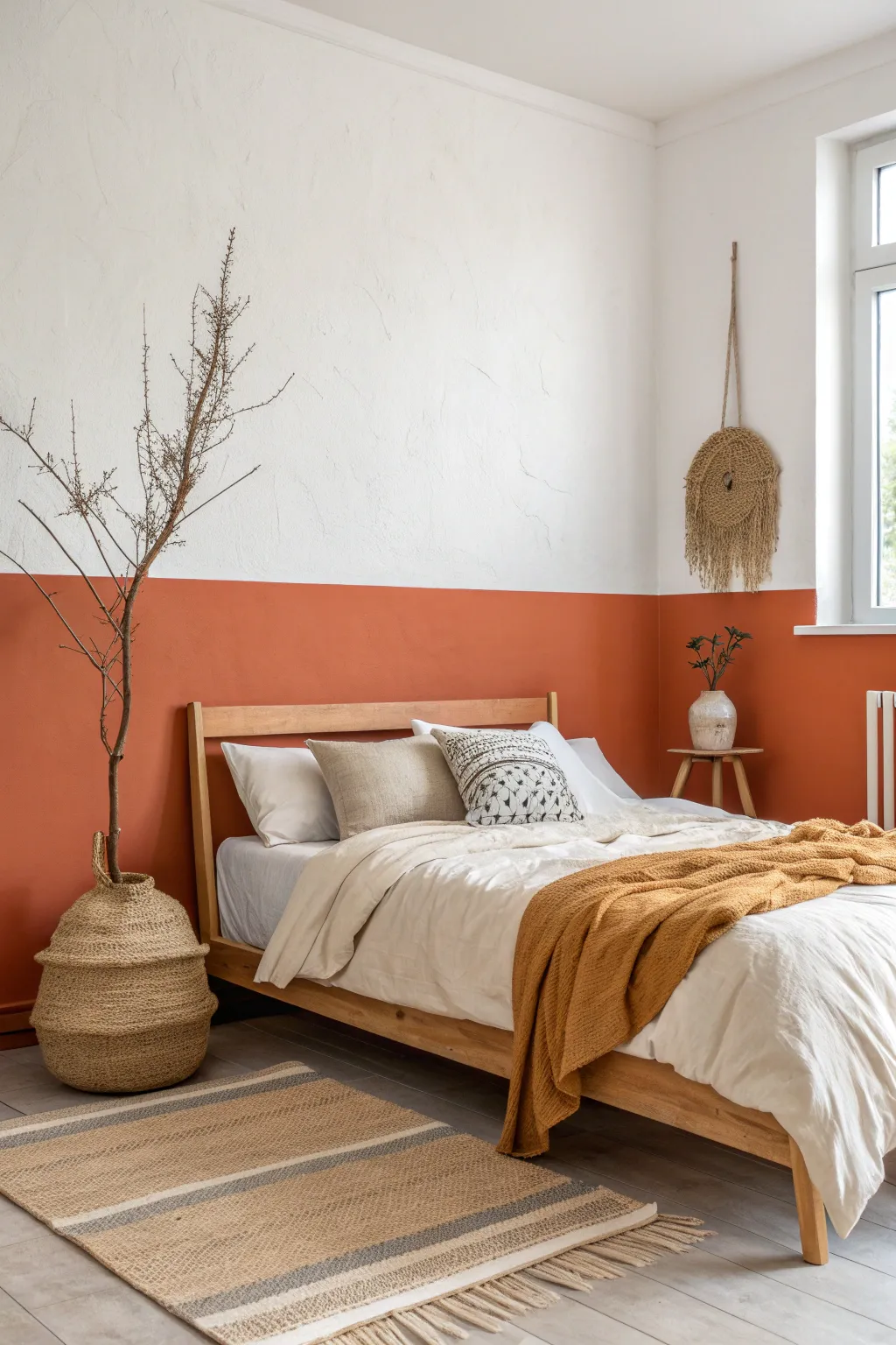 Elevate your bedroom with this crisp terracotta and white two-tone wall design. Simple yet bold.