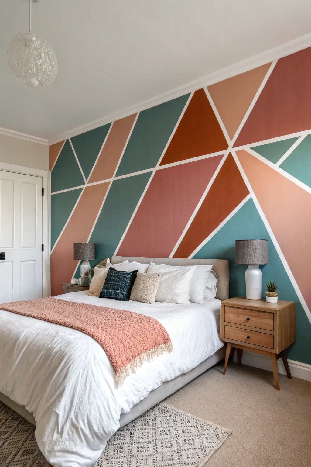 Bold geometric color blocking with tape for a modern DIY wall moment in a calm, cozy bedroom