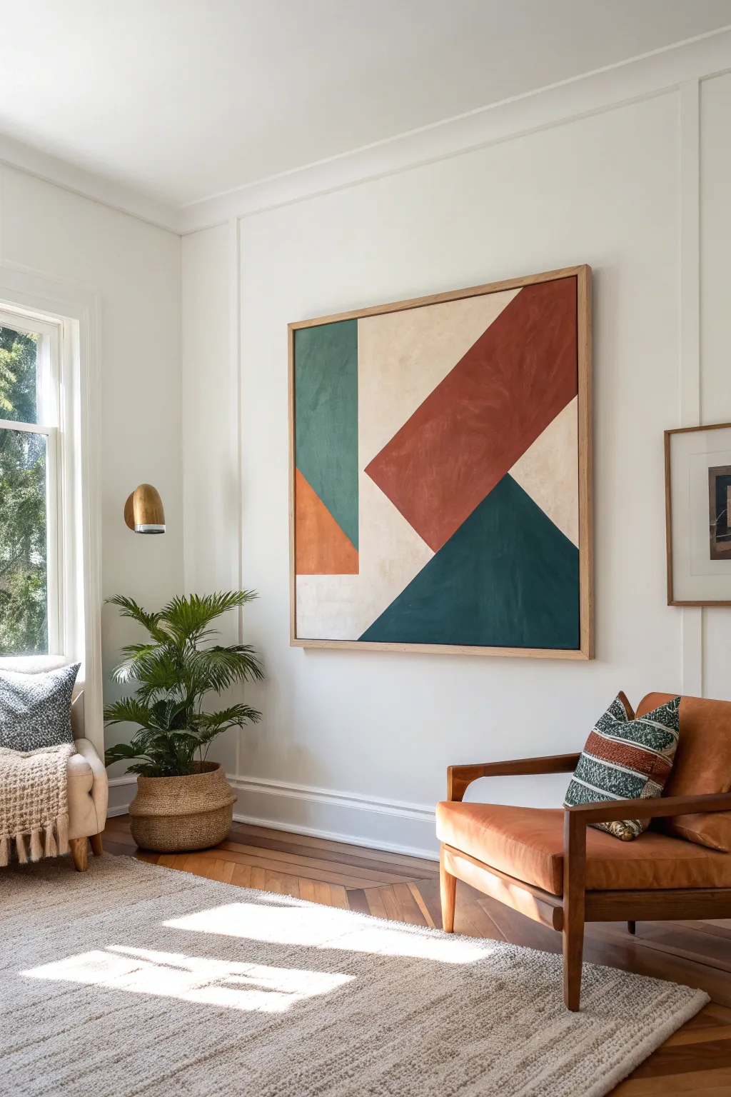 A bold abstract that echoes pillow and vase tones for a calm Scandinavian living room wall.