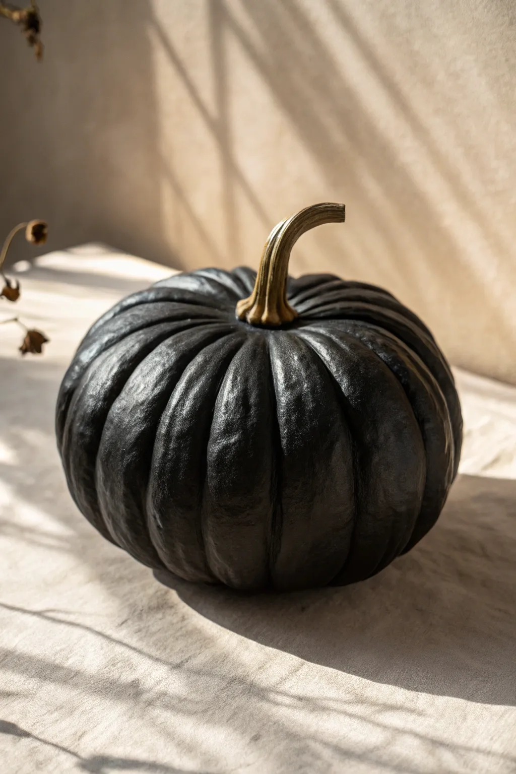 Matte black warty pumpkin with bold side lighting for a striking sculptural fall look