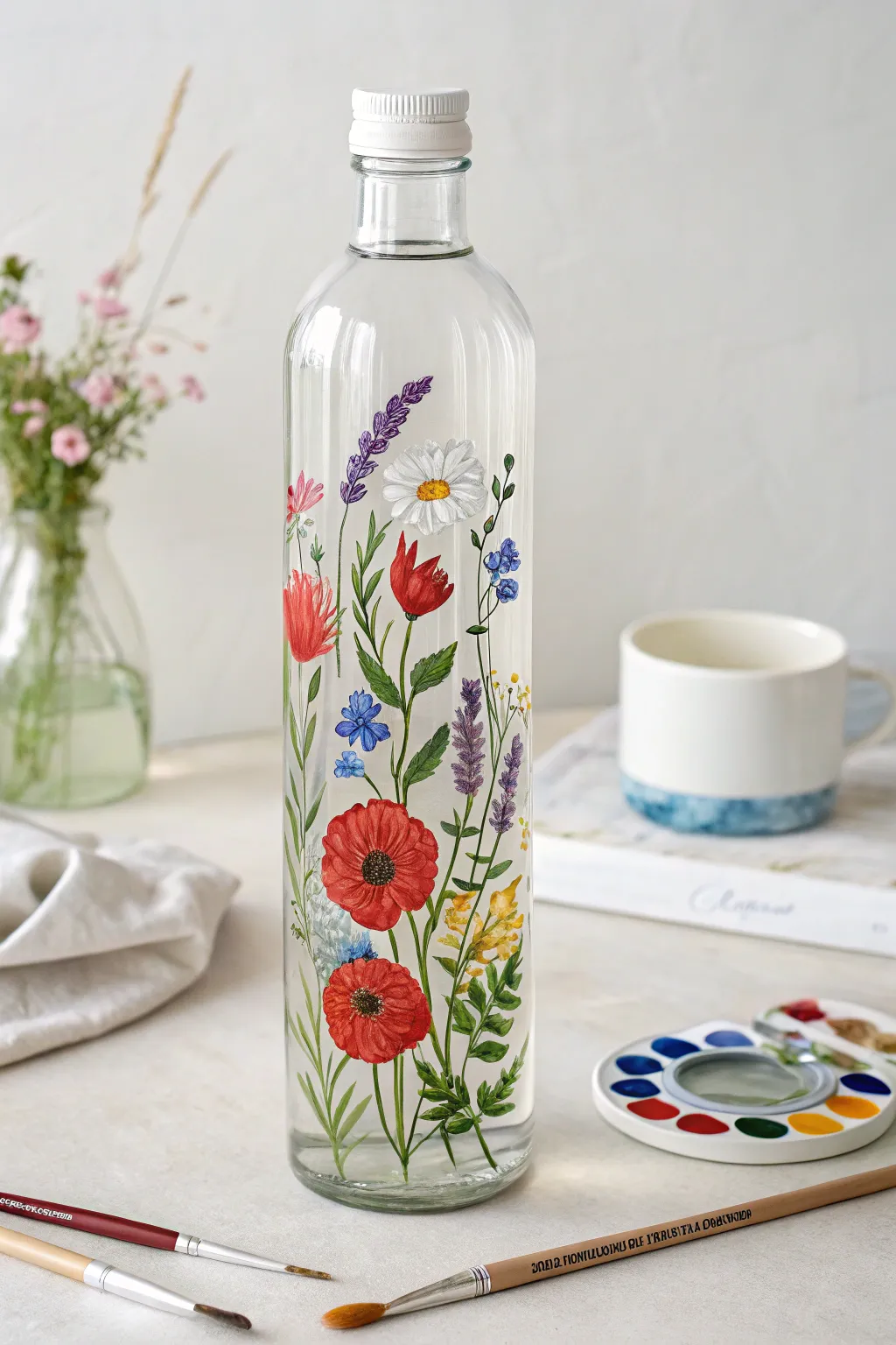 Bold wildflower panel on a clear bottle, minimalist styling with vibrant handcrafted detail