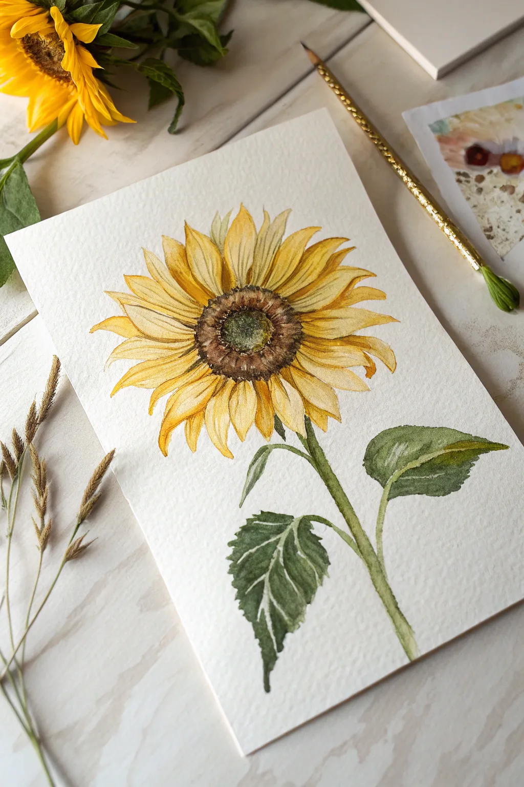 Bright sunflower watercolor with a textured dotted center, perfect minimalist-boho inspiration.