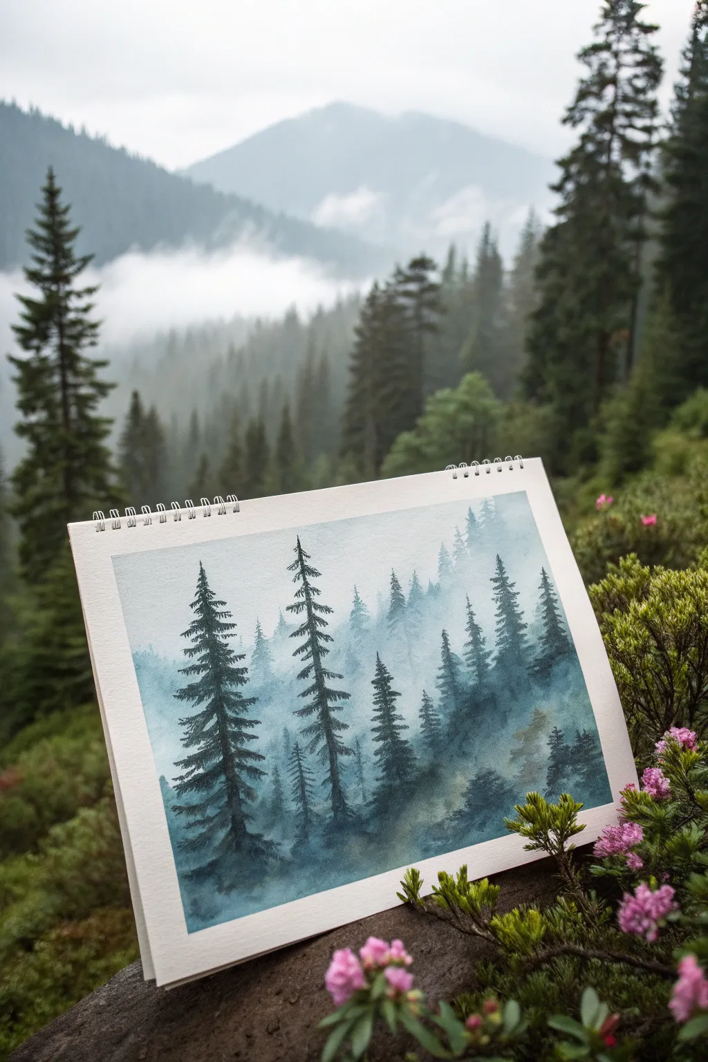 Dreamy wet-on-wet pine layers fading into fog, bold greens contrasted with airy white mist.