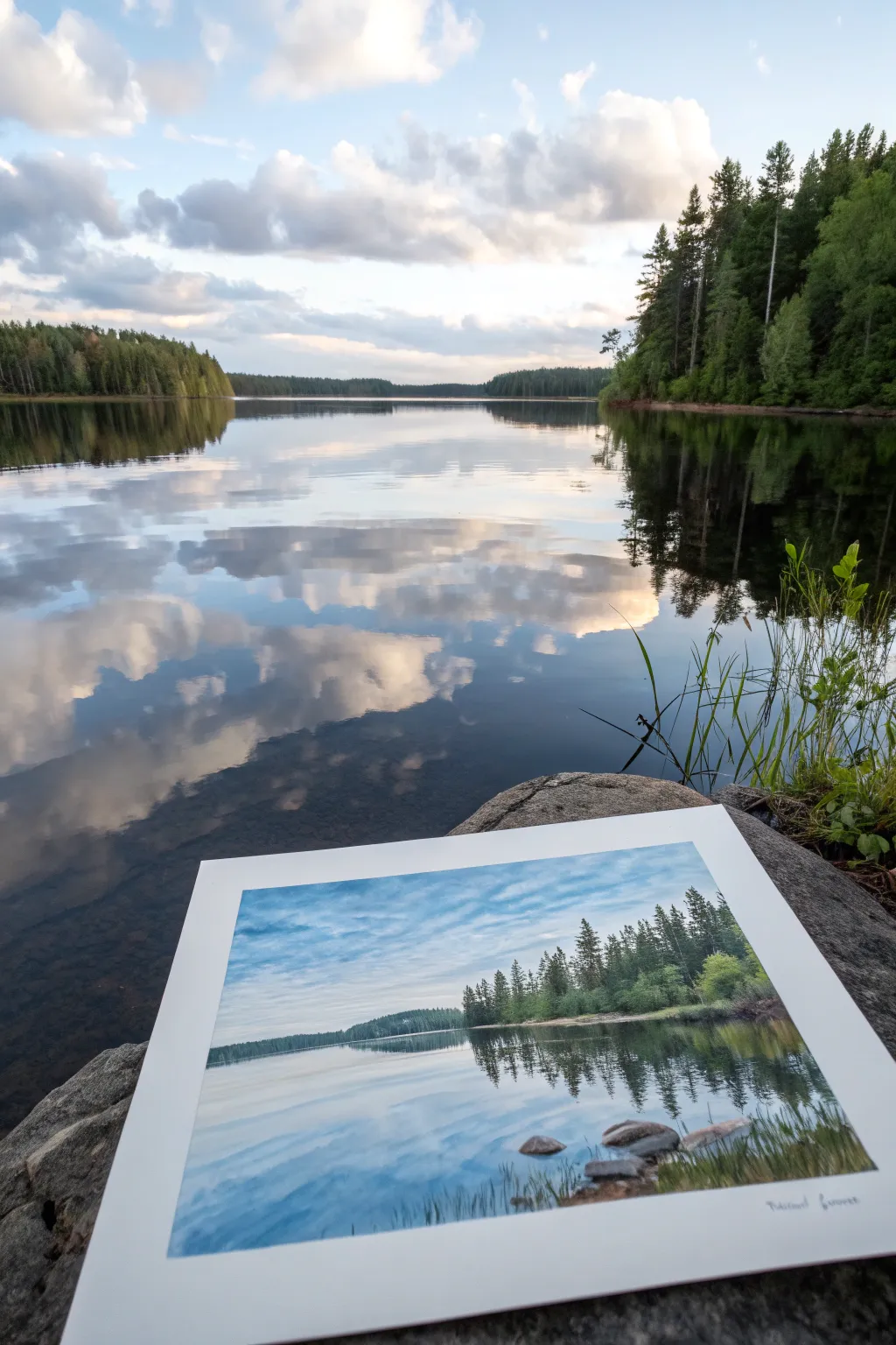 Mirror-symmetry lake watercolor: clean shoreline, soft ripples, serene Scandinavian minimal mood.