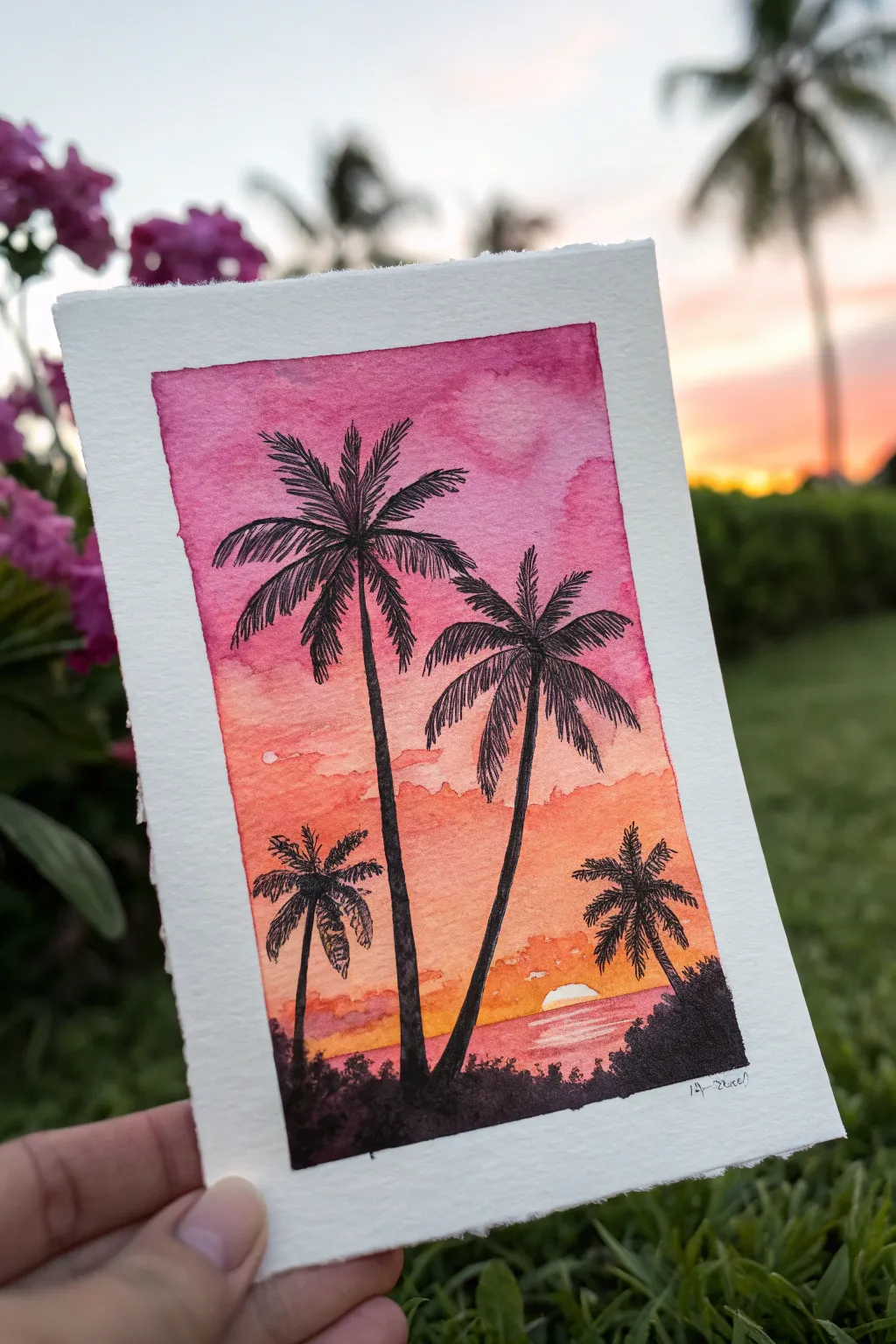 Palm silhouettes against a glowing orange-pink sunset wash, a striking watercolor scene to paint.
