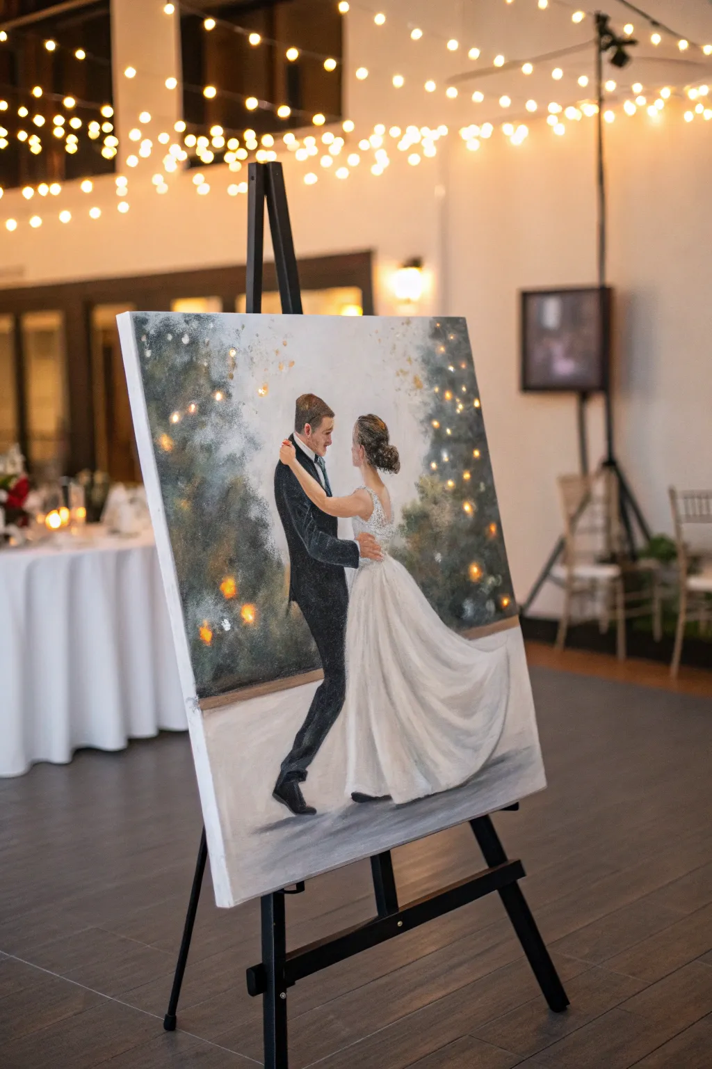 First dance painting gift idea with swirling motion and warm bokeh lights for a timeless keepsake
