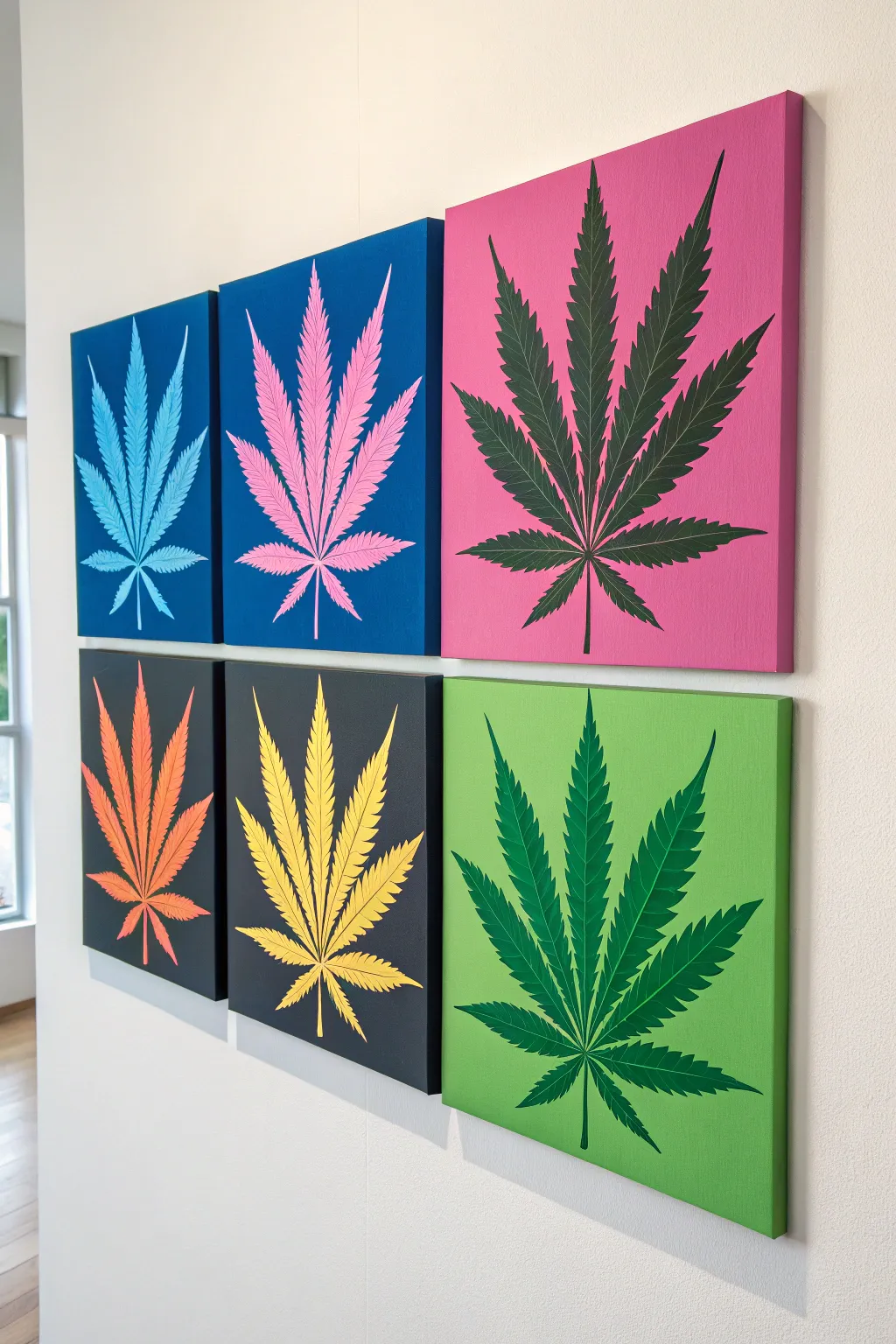 Bold four-panel pop art weed leaf with striking high-contrast palettes and clean minimal style
