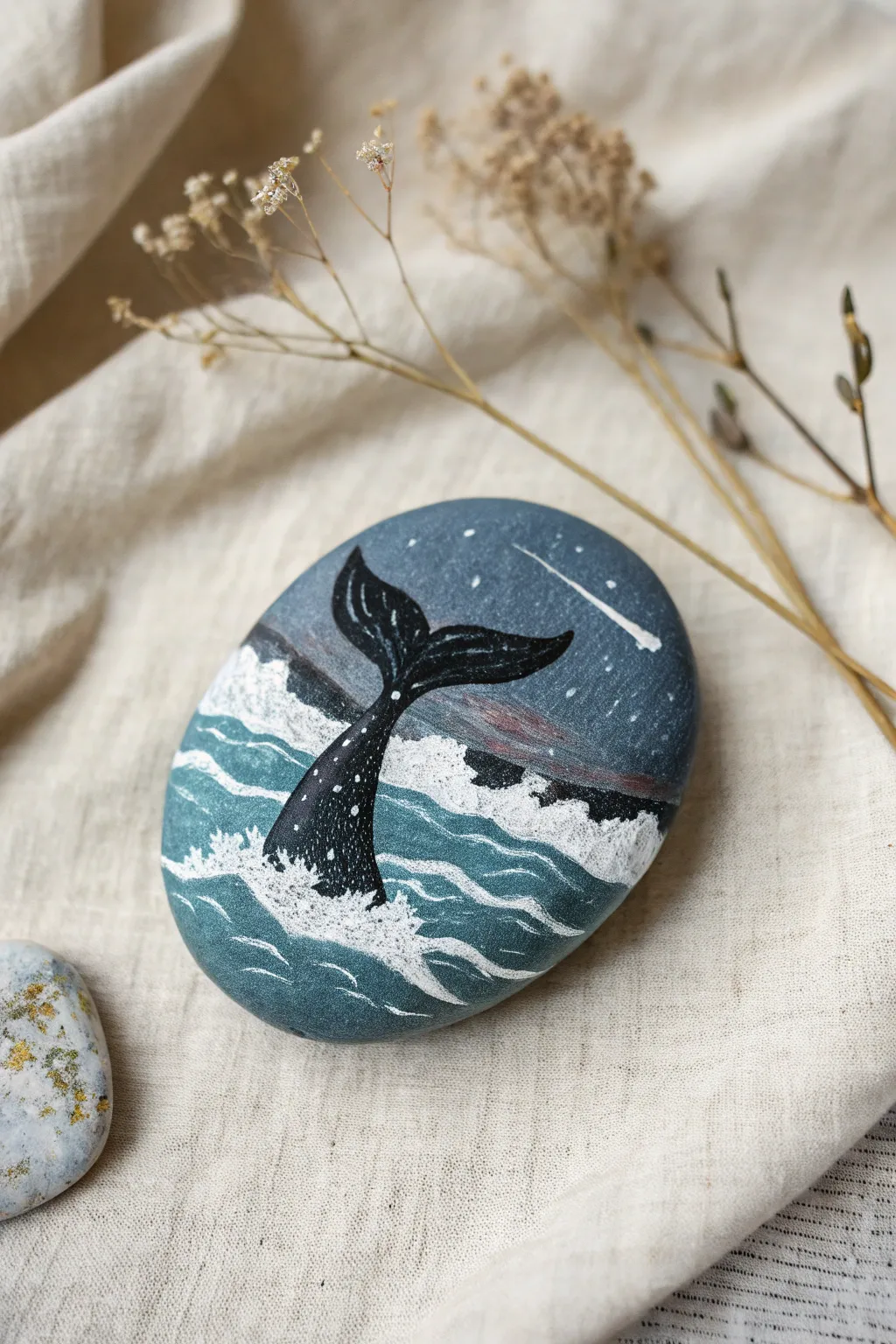 Minimalist whale tail splash rock painting: bold ocean tones, crisp splashes, moody sky gradient.