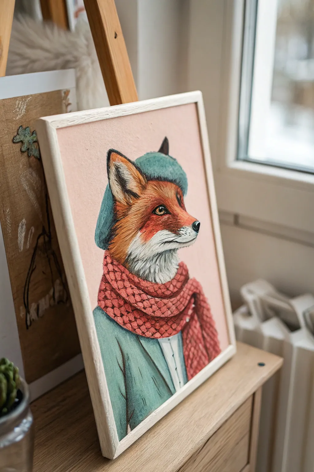 Quirky fox portrait with a tiny scarf and hat, bold color pop on a soft pastel backdrop