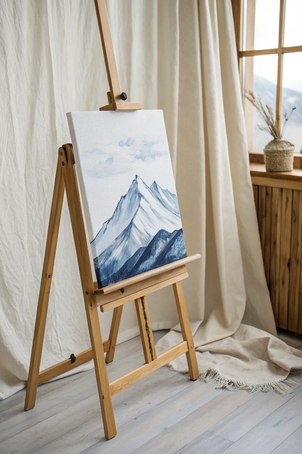 Snowy mountain ridge on white canvas, soft mist layers with a striking indigo accent line