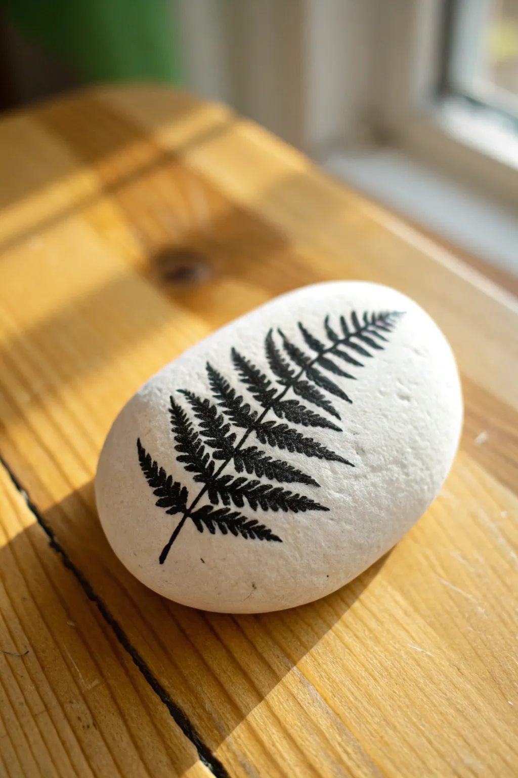 Minimal fern frond silhouette on a white stone, bold black contrast on warm wood backdrop.