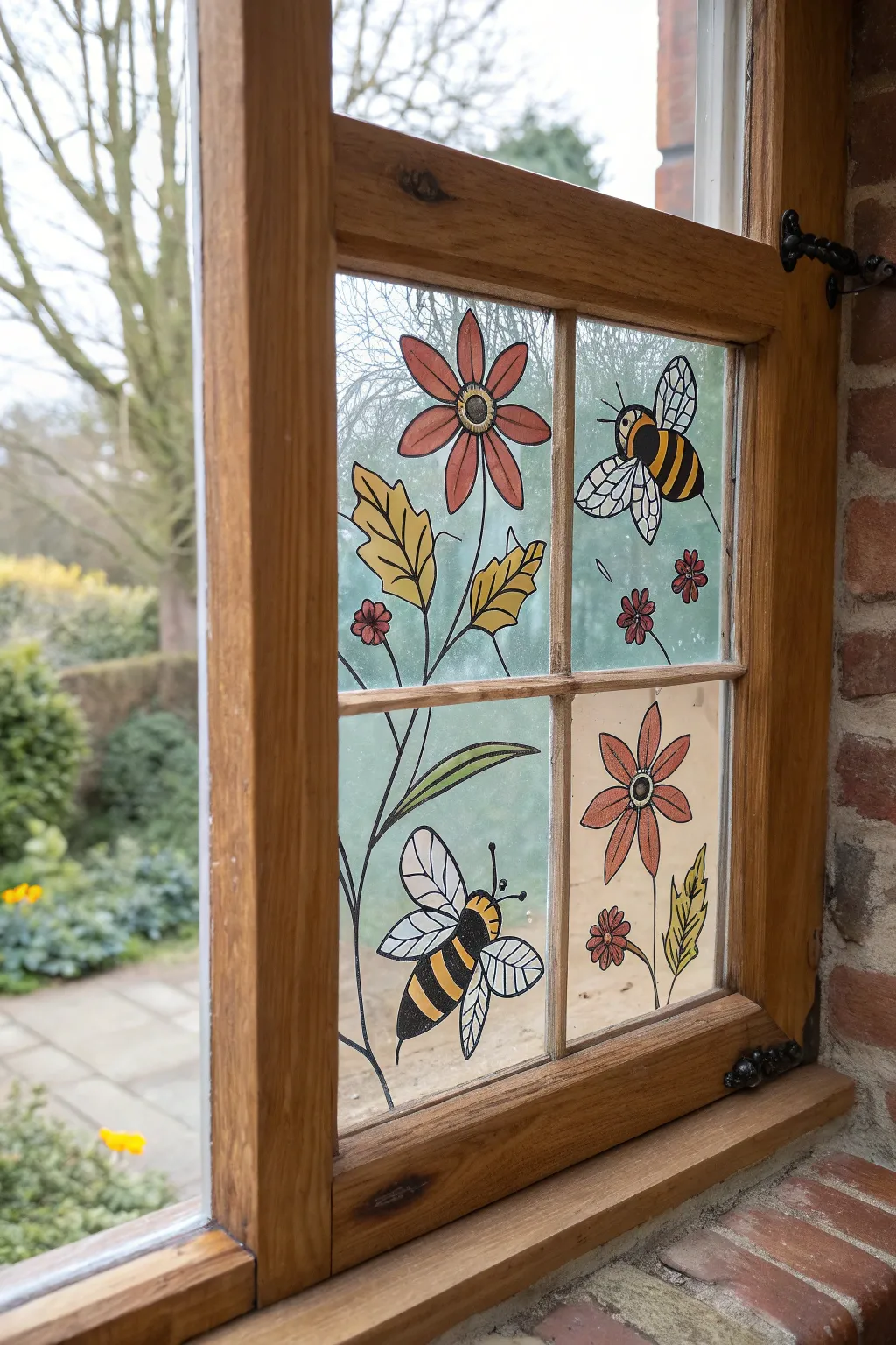Bright bee and blossom window glass painting with playful dotted flight trails, bold and clear.