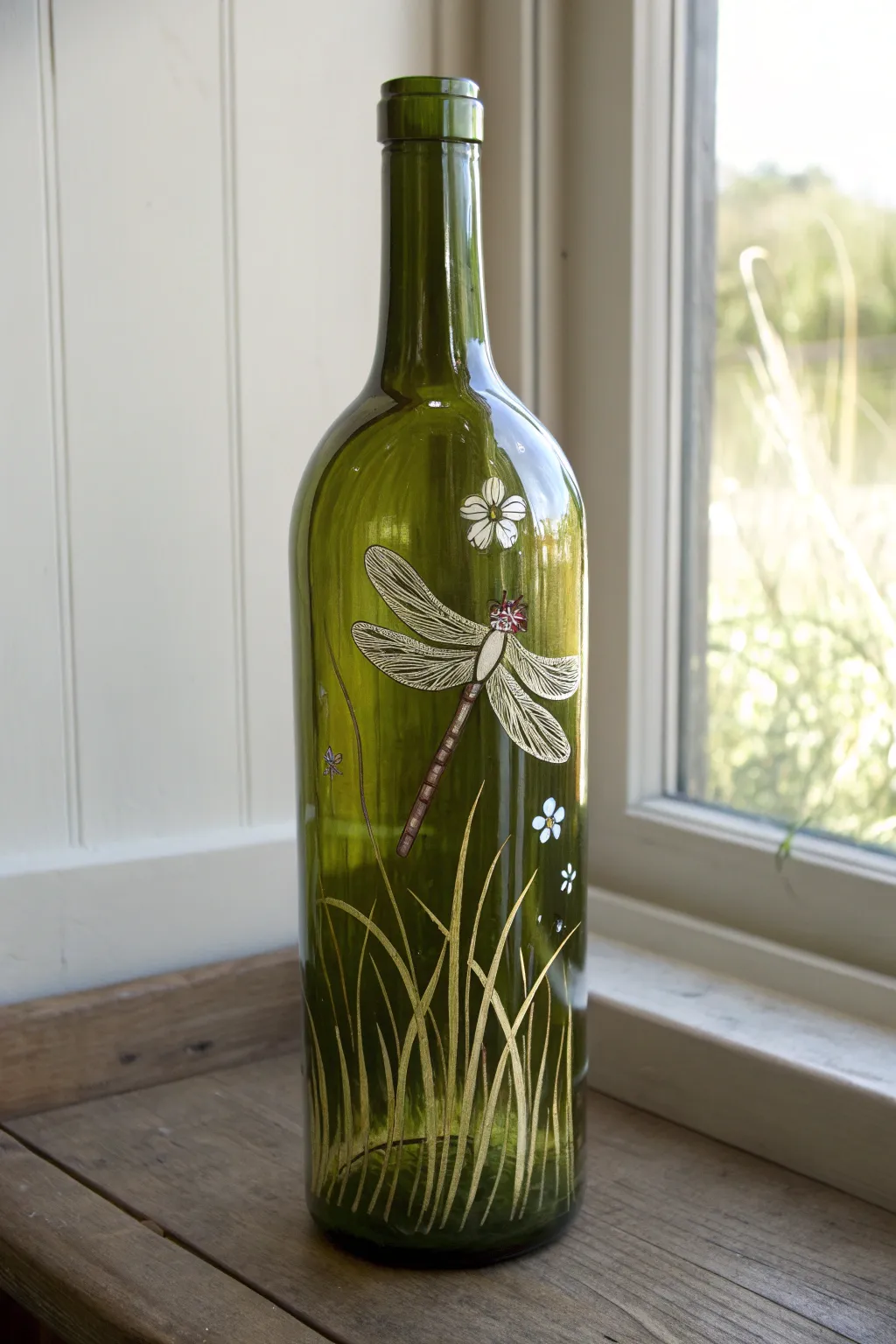 Glowing green wine bottle with a dragonfly and meadow grass, minimalist boho craft vibe