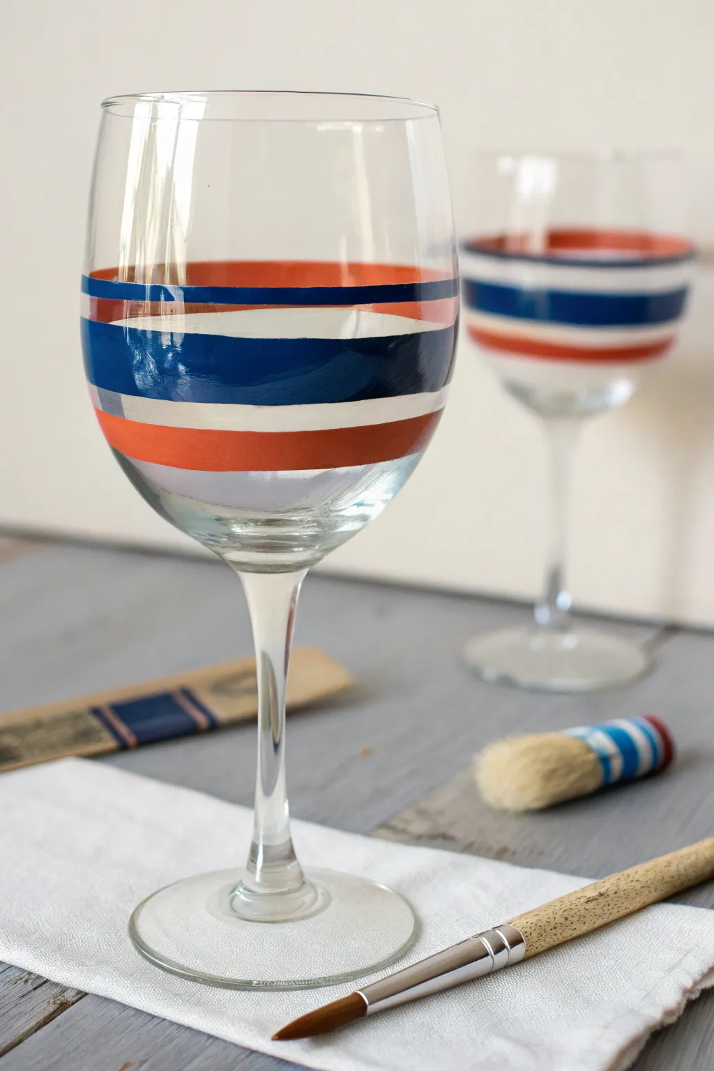 Easy DIY wine glass paint idea: bold two-color stripes with crisp masking-tape edges
