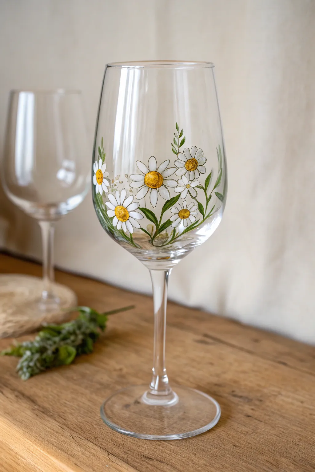 Classic white daisy wine glass painting that stays airy, bright, and effortlessly timeless