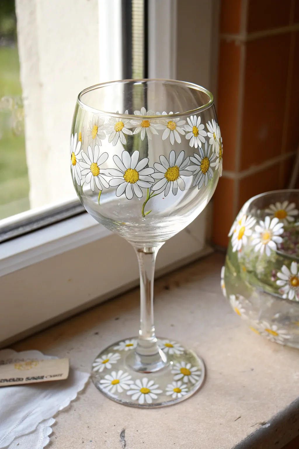 Easy daisy border wine glass painting idea with clean Scandinavian-boho vibes and bright contrast.