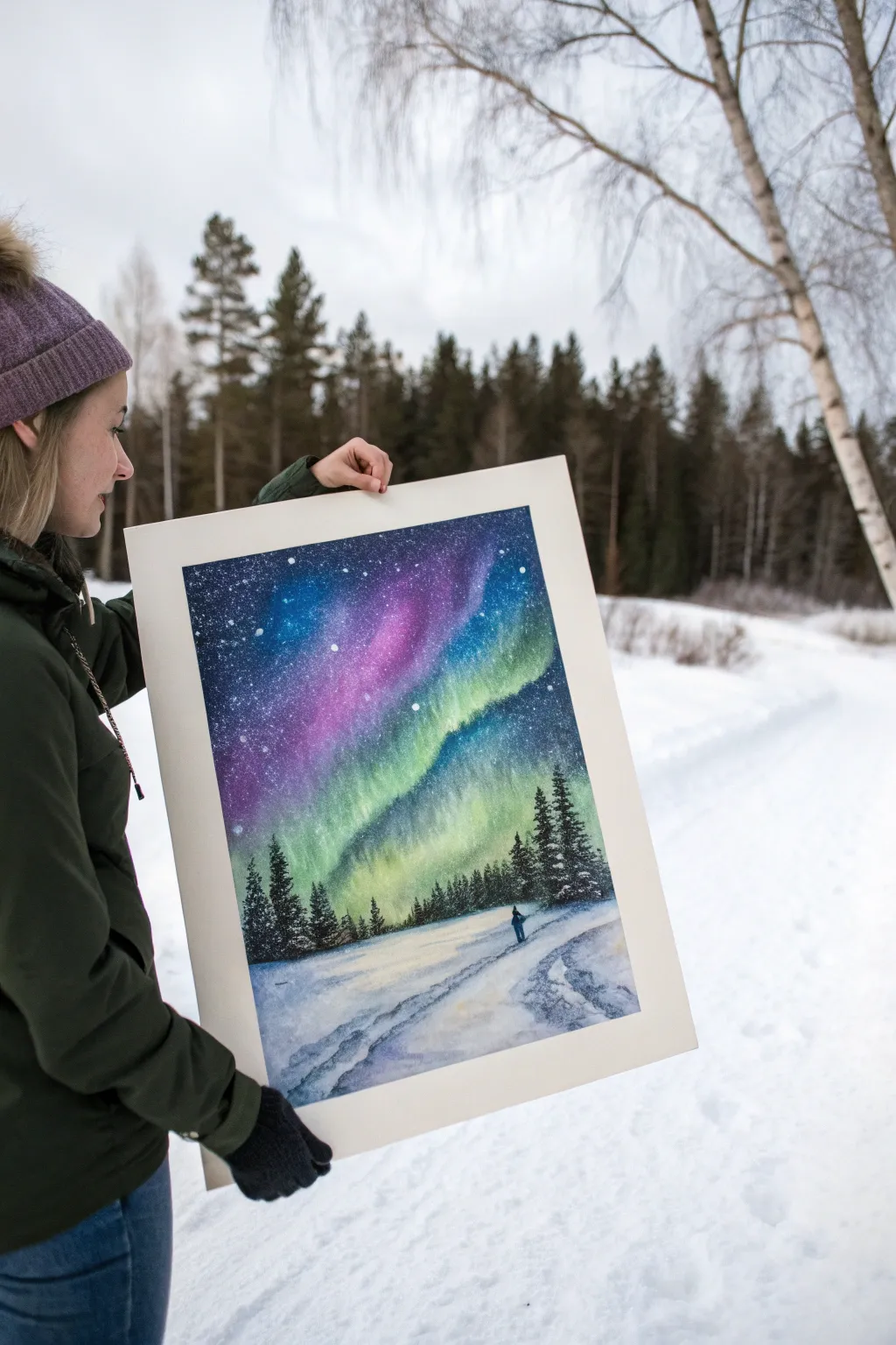Aurora over a snowfield: bold winter watercolor idea with clean minimal contrast and glowing color