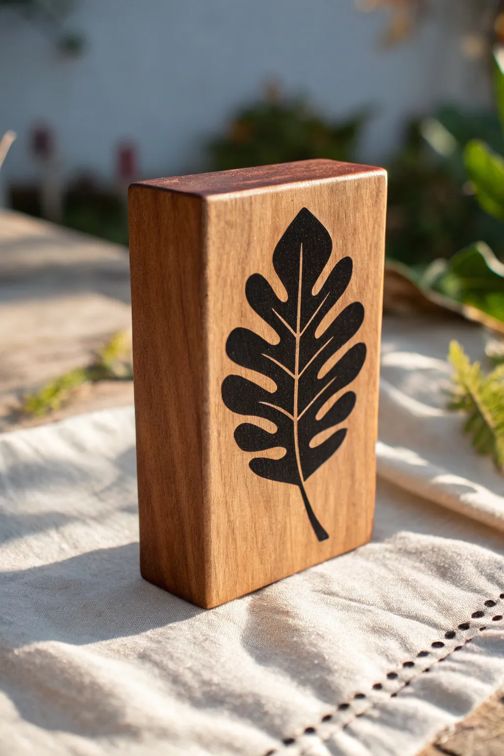 Stencil silhouette wood block art with bold contrast, natural grain, and minimal boho styling