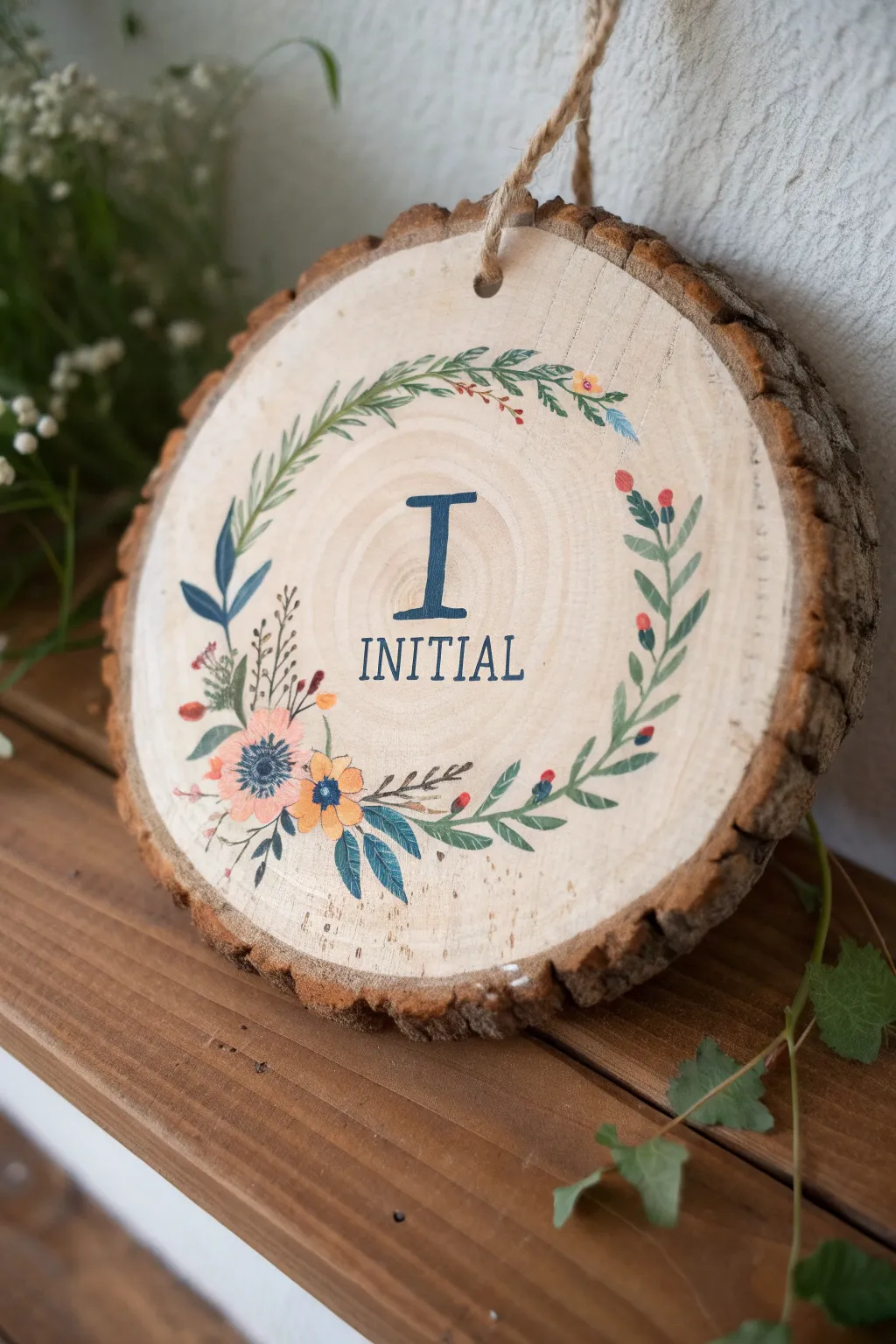 Rustic wood round monogram framed with tiny florals and a twine loop, simple and bold for hanging.