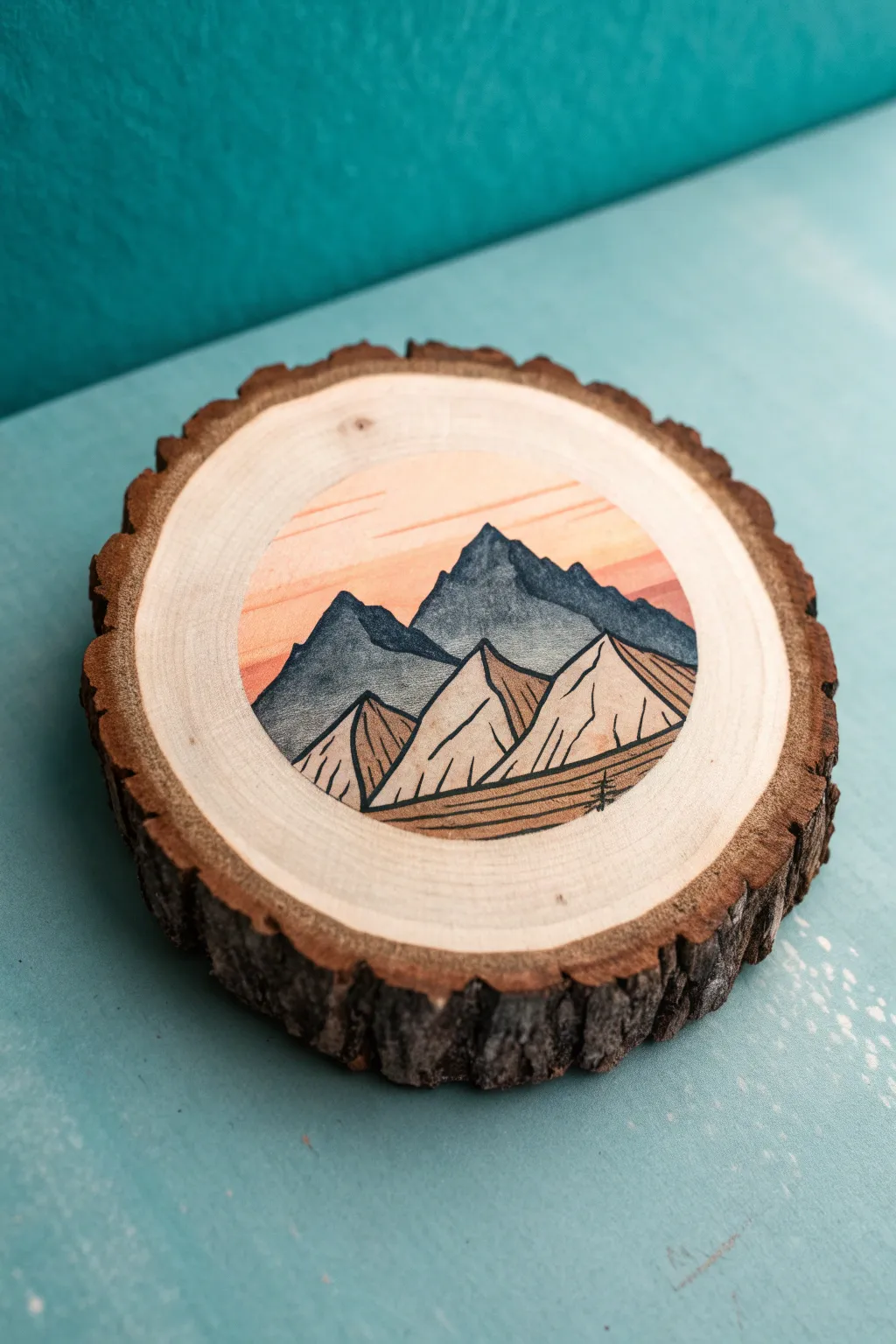 Round wood slice mountain mini landscape with layered peaks and a simple gradient sky, clean and cozy.
