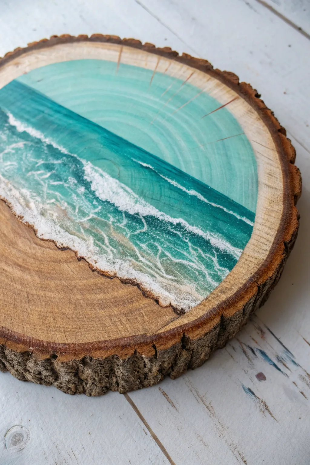 DIY coastal waves on a wood round: teal swells, soft foam lines, calm beachy vibe