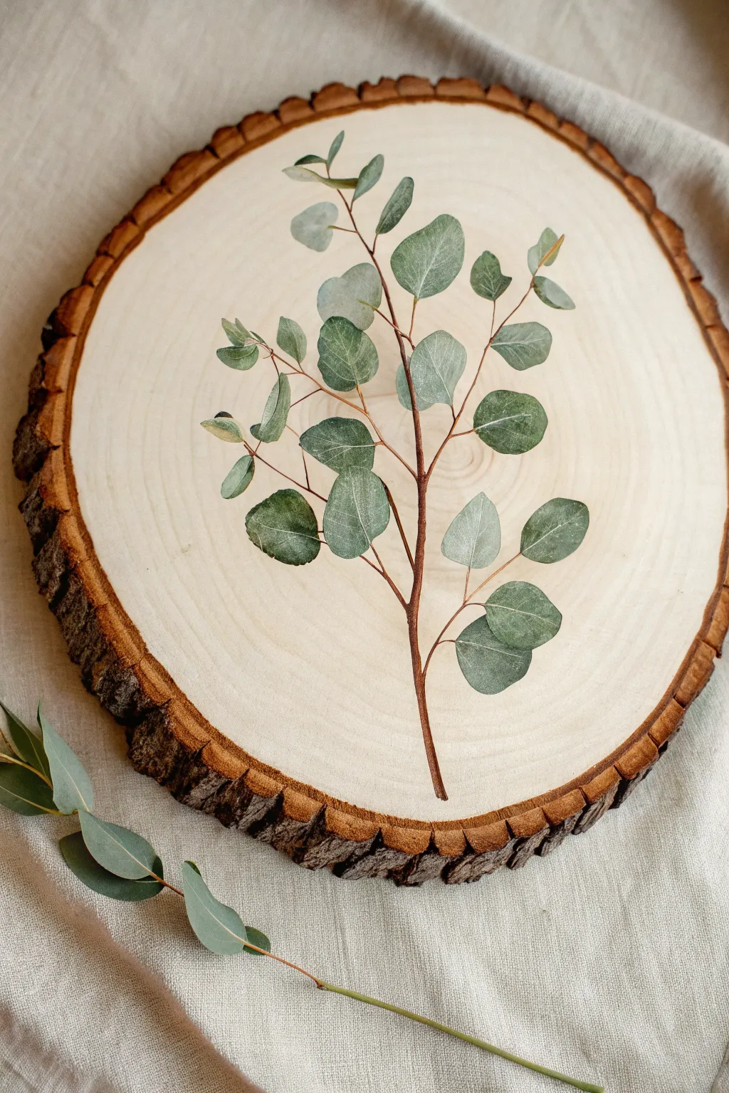 Minimal wood slice painting with a single leafy sprig and warm grain for calm boho vibes